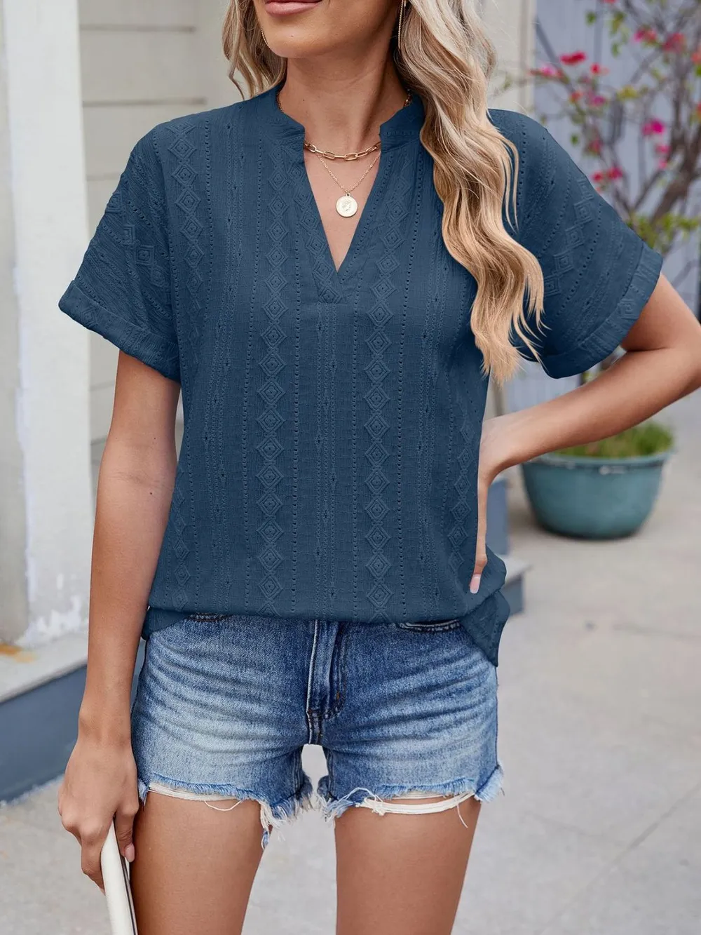 Eyelet Notched Short Sleeve Top, image 30