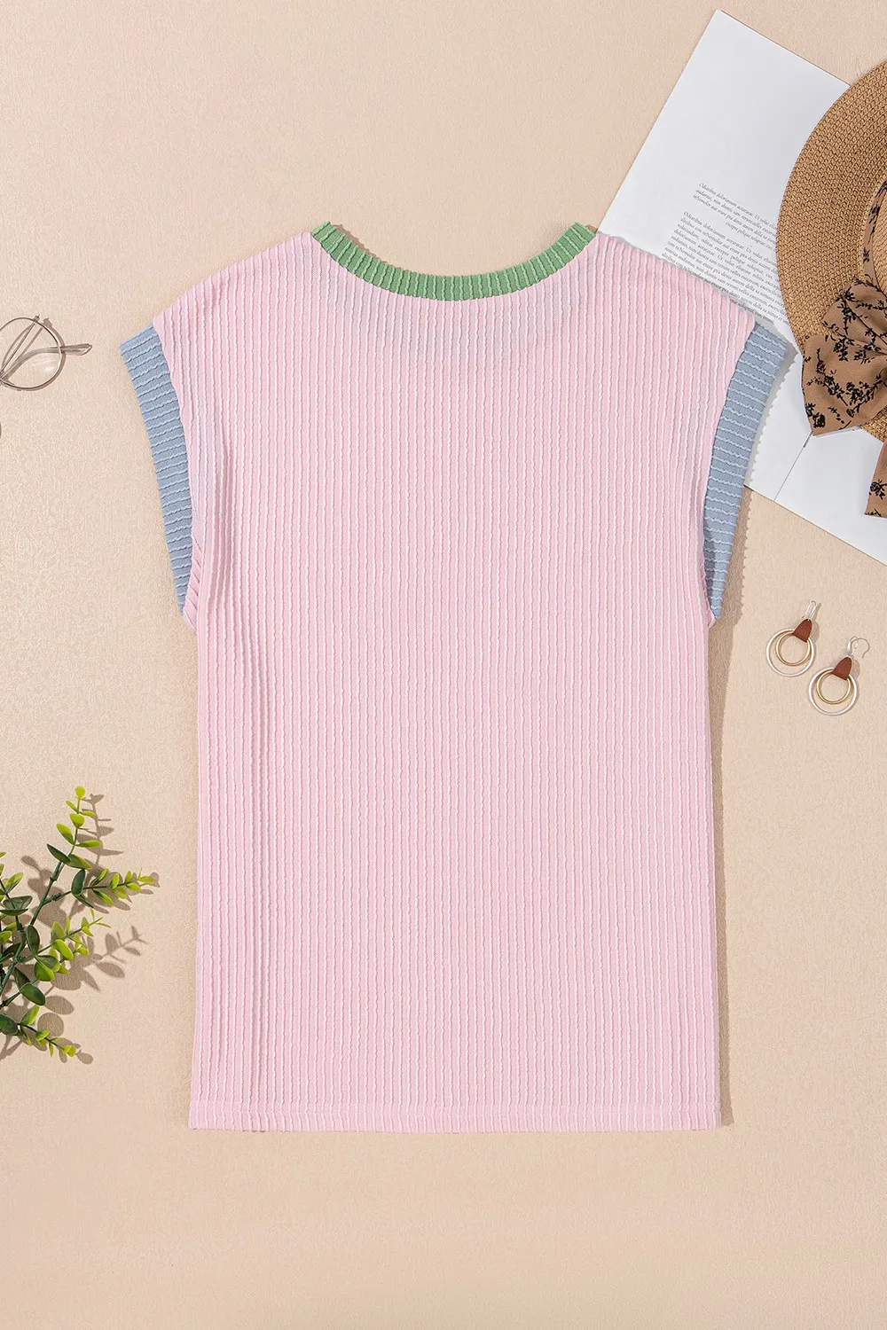 Contrast Trim Round Neck Cap Sleeve Top, image 9