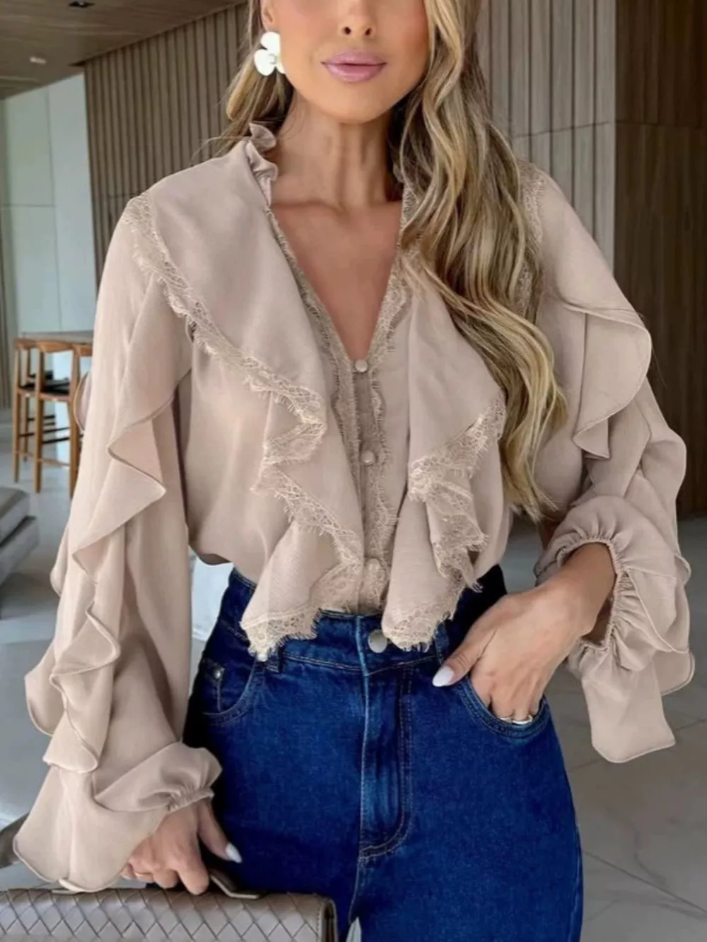 V-Neck Ruffled Lace Trim Blouse, image 6