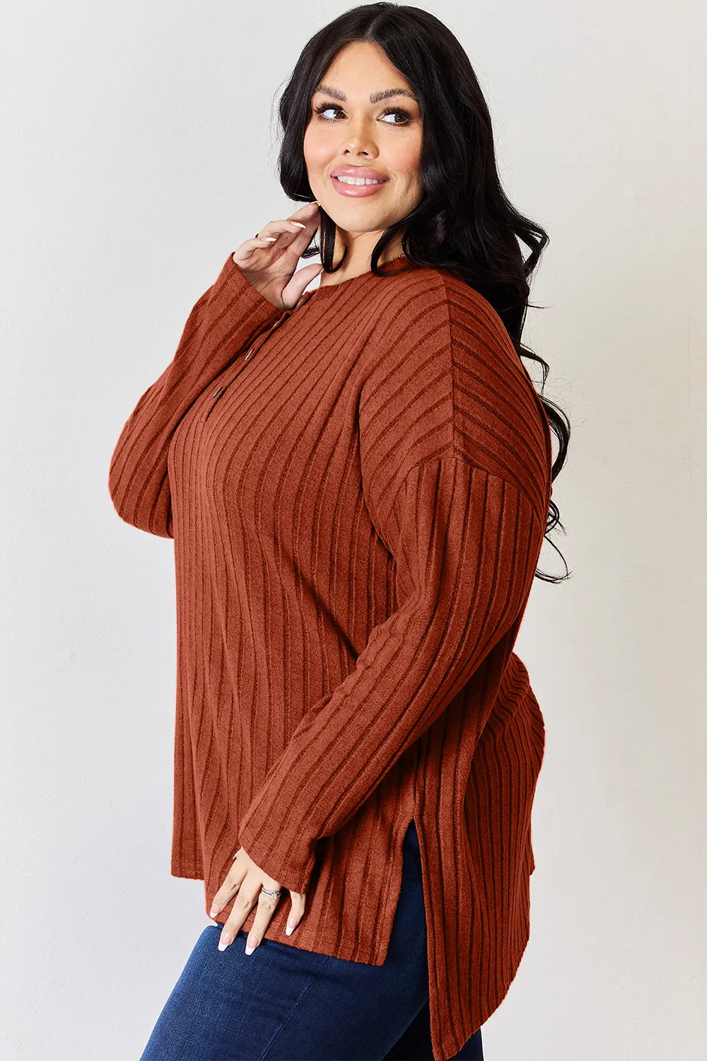 Full Size Ribbed Half Button Long Sleeve High-Low T-Shirt, image 29