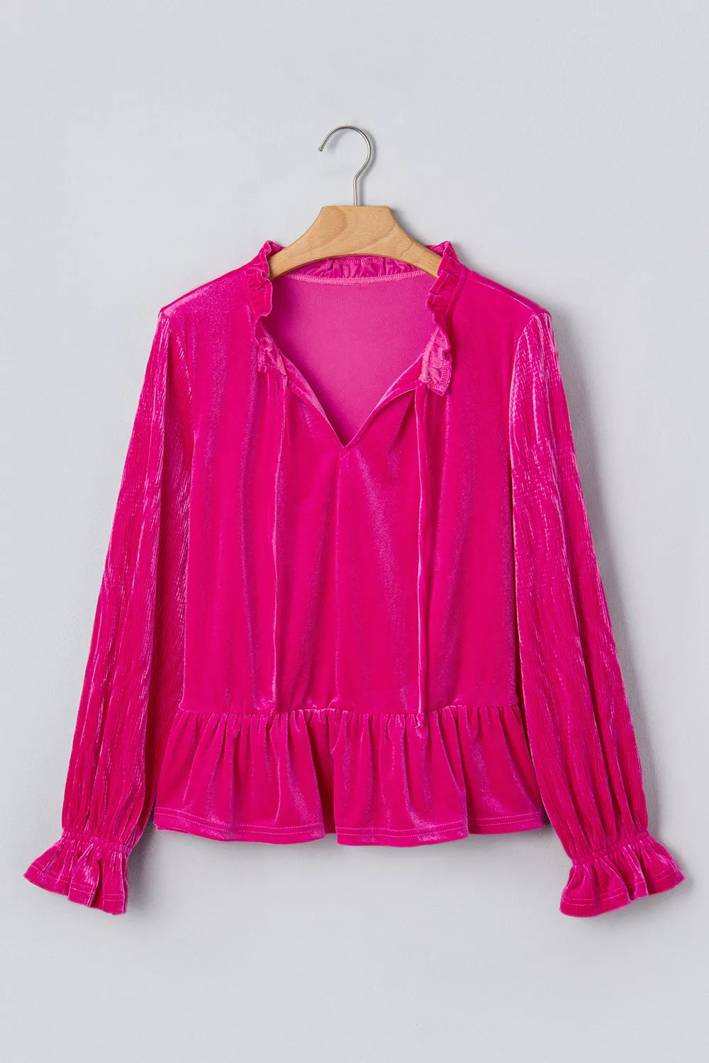 V Neck Velvet Ruffled Cuffs Hem Long Sleeve Top, image 3