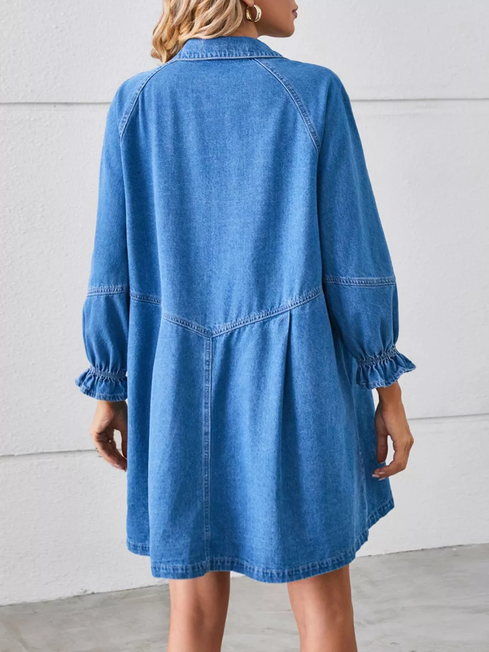 Button-Front Ruffle Cuff Denim Dress, image 7