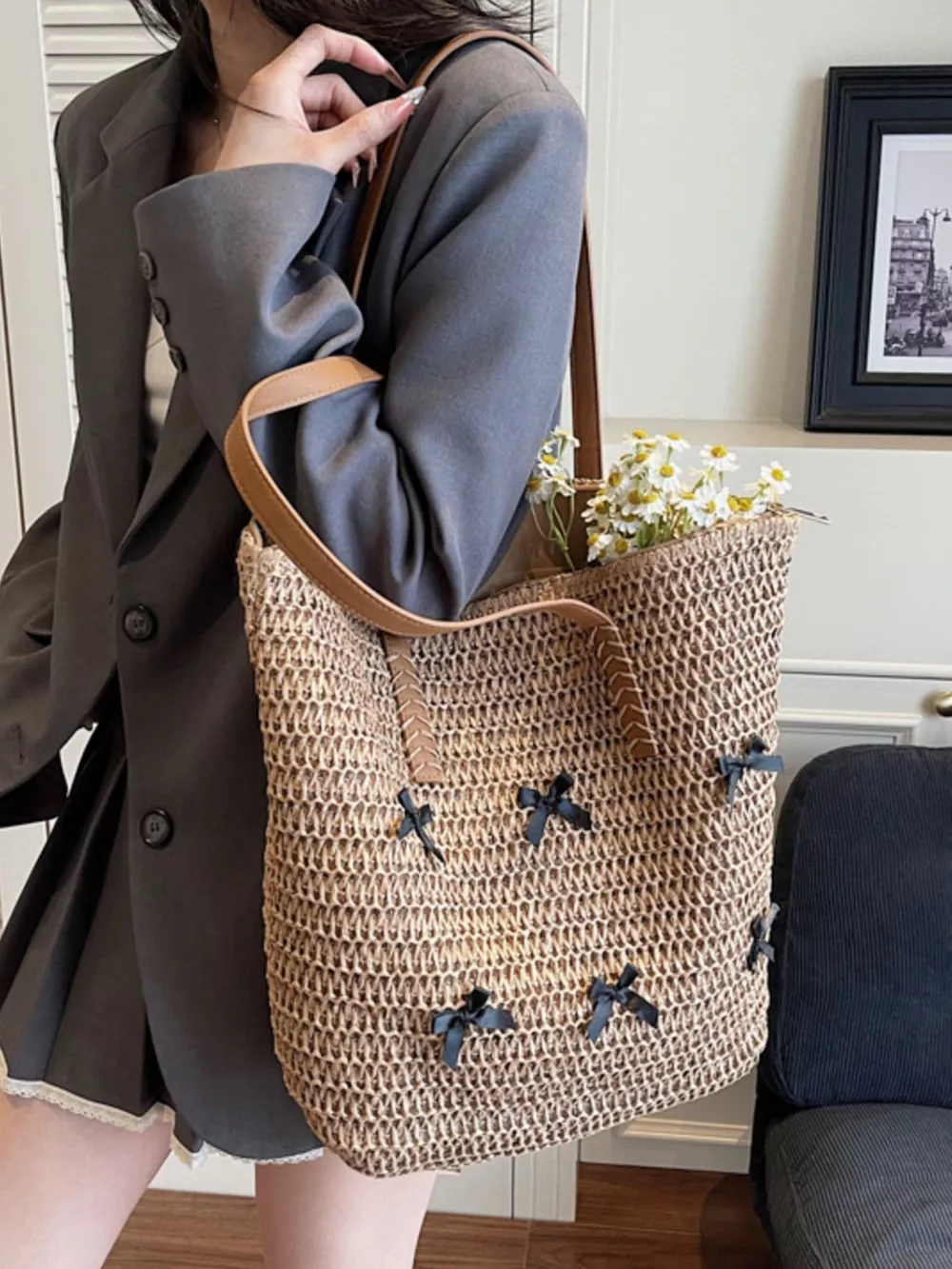 Woven Straw Bow Handbag, image 3