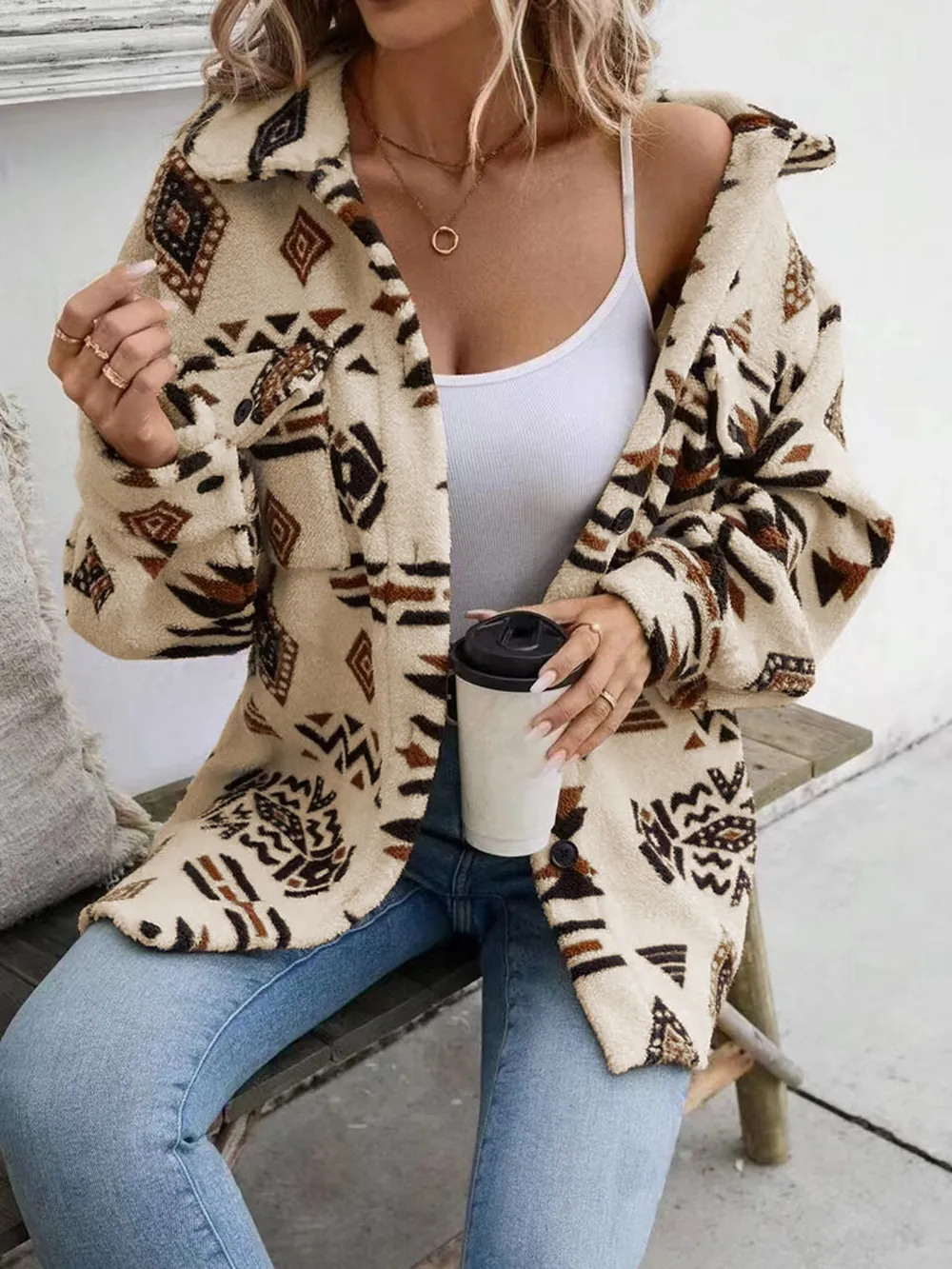 Geometric Button Up Dropped Shoulder Jacket, image 2