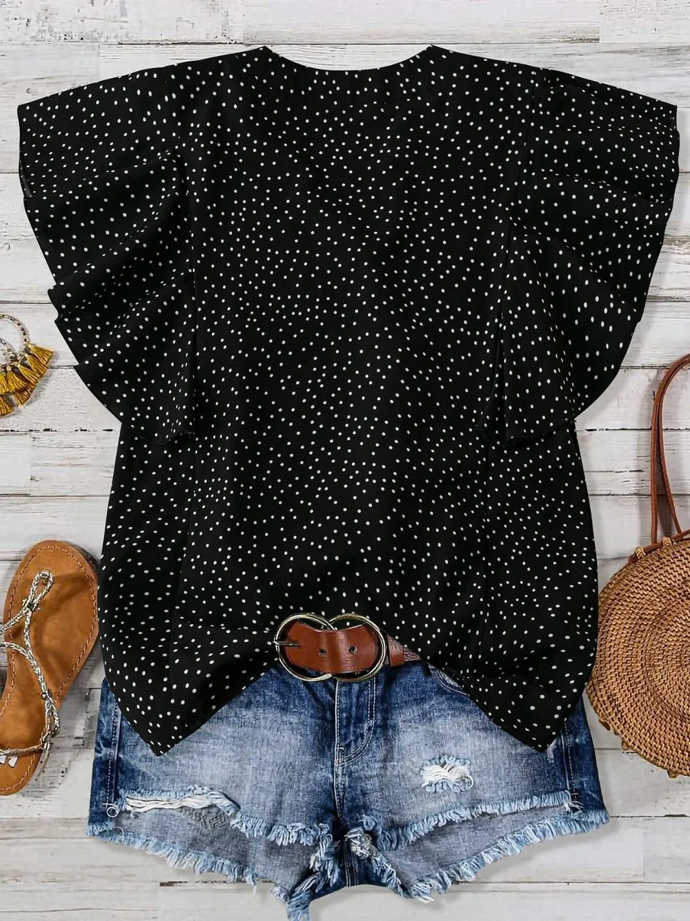 Polka Dot Notched Ruffled Cap Sleeve Blouse, image 20