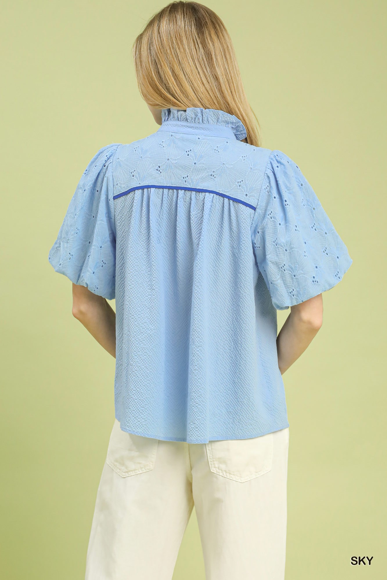 Puff Sleeve Eyelet Mix Top with Contrast Piping, image 5