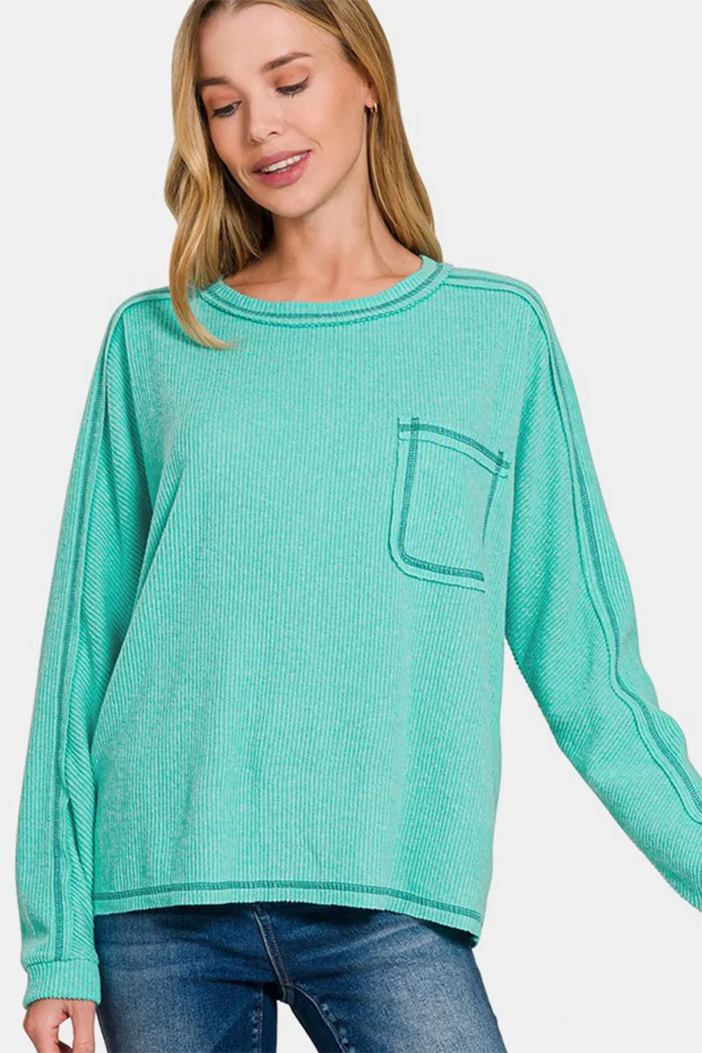 Full Size Contrast Stitching Brushed Ribbed Hacci Knit Top Plus Size