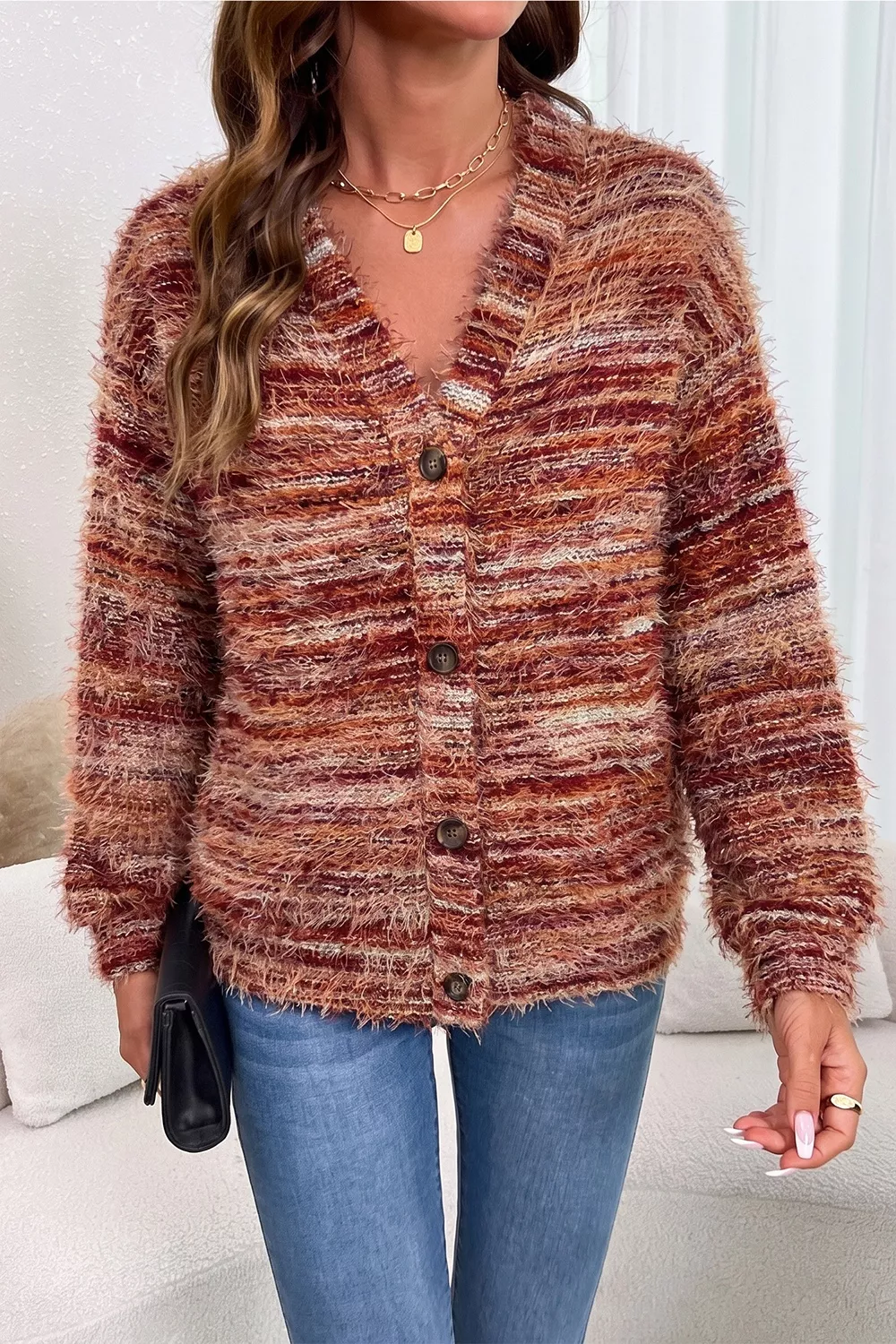 Fuzzy Striped Button Front Cardigan Sweater, image 5