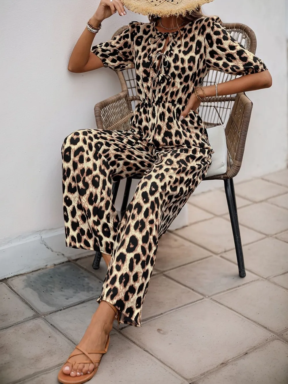 Tied Leopard Half Sleeve Jumpsuit, image 6