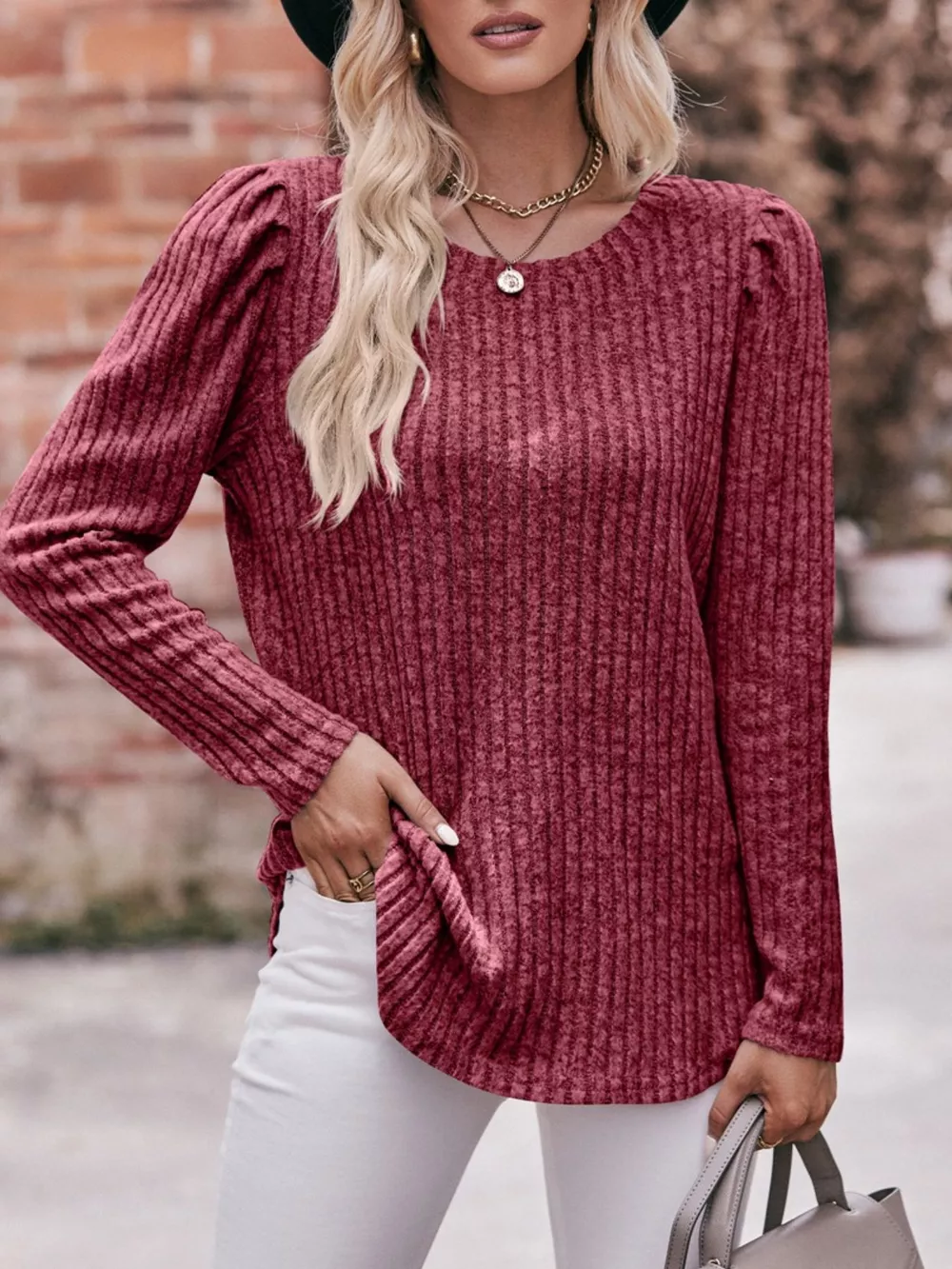 Ribbed Knit Puff Sleeve T-Shirt, image 22