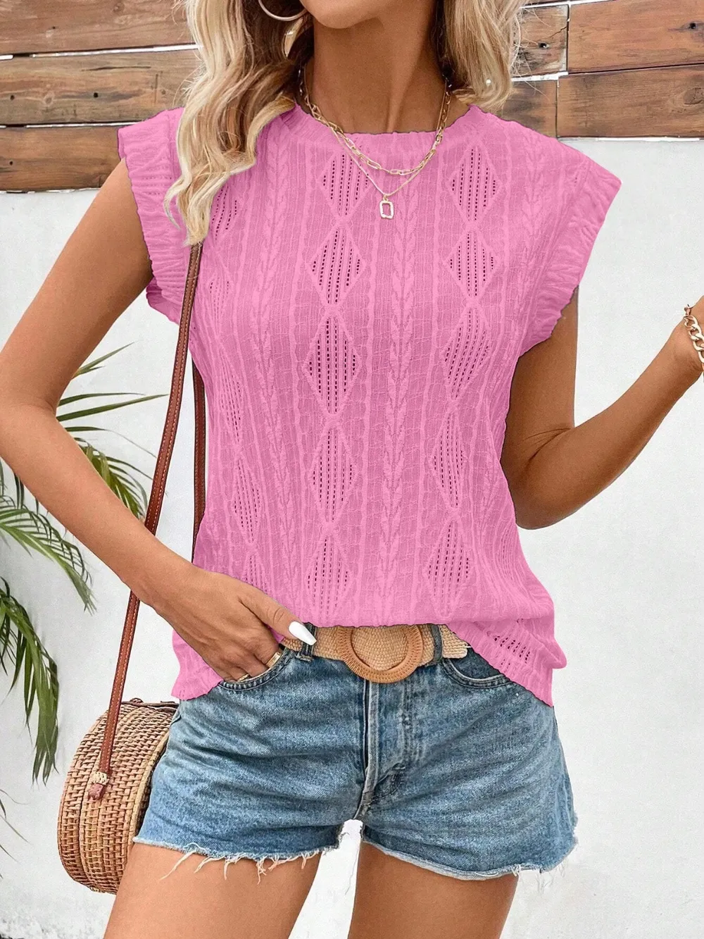 Eyelet Round Neck Cap Sleeve Top, image 19