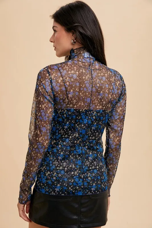 Floral Lettuce Hem Sheer Mesh Top, image 2