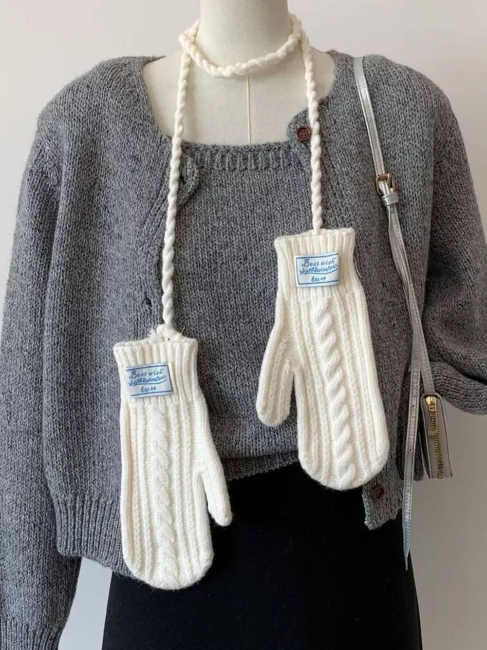 Cable Knitted Mittens with Neck Strap, image 7