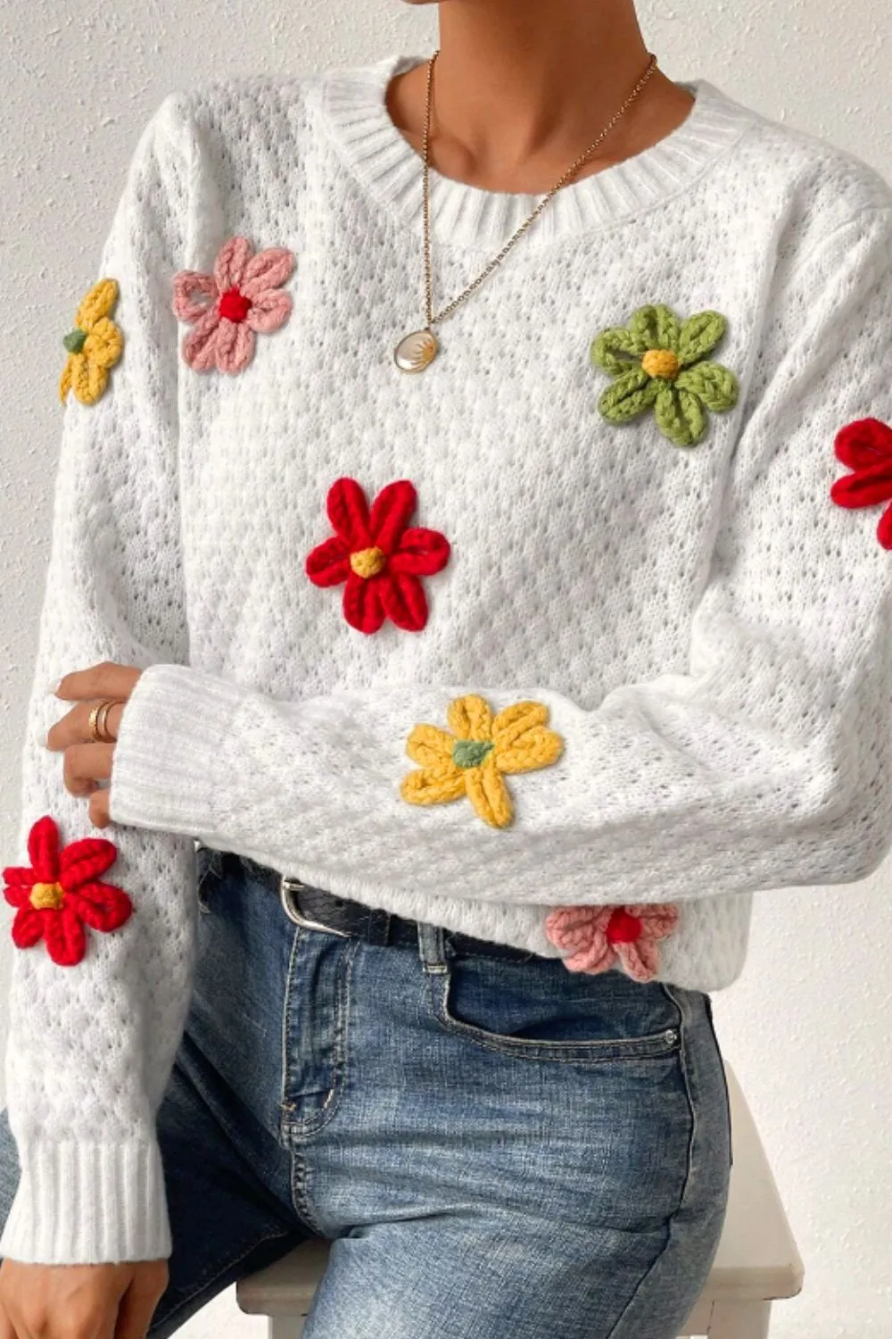 Crochet Flower Round Neck Long Sleeve Sweater, image 12