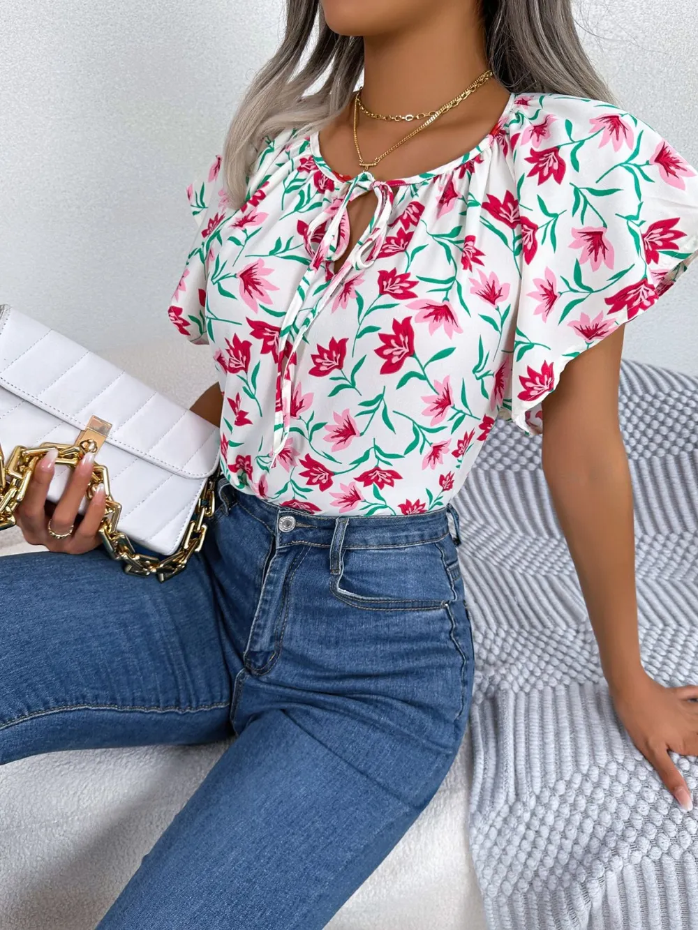 Floral Tie Neck Flutter Sleeve Blouse, image 18