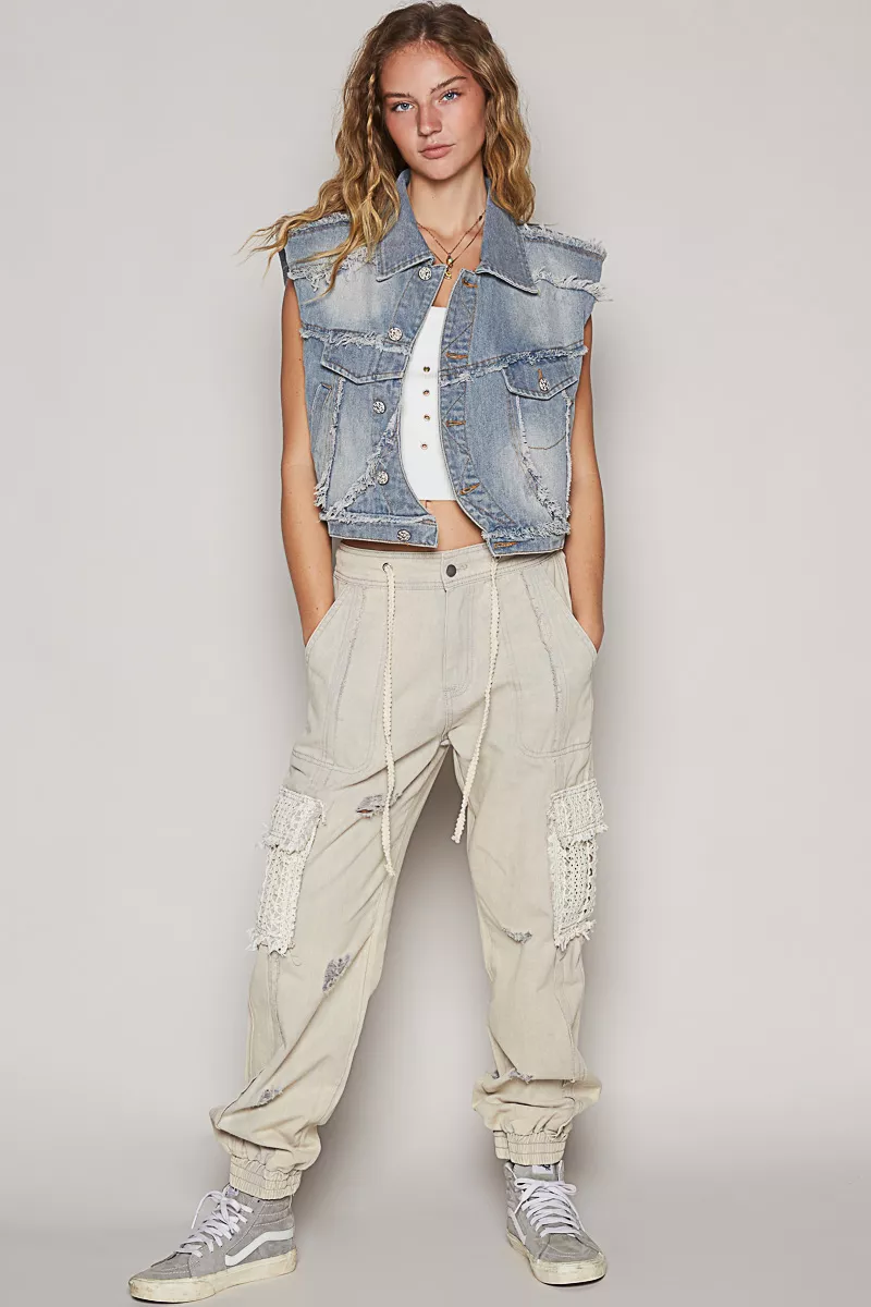Assymetrical Front Closure Raw Hem Denim Vest, image 7