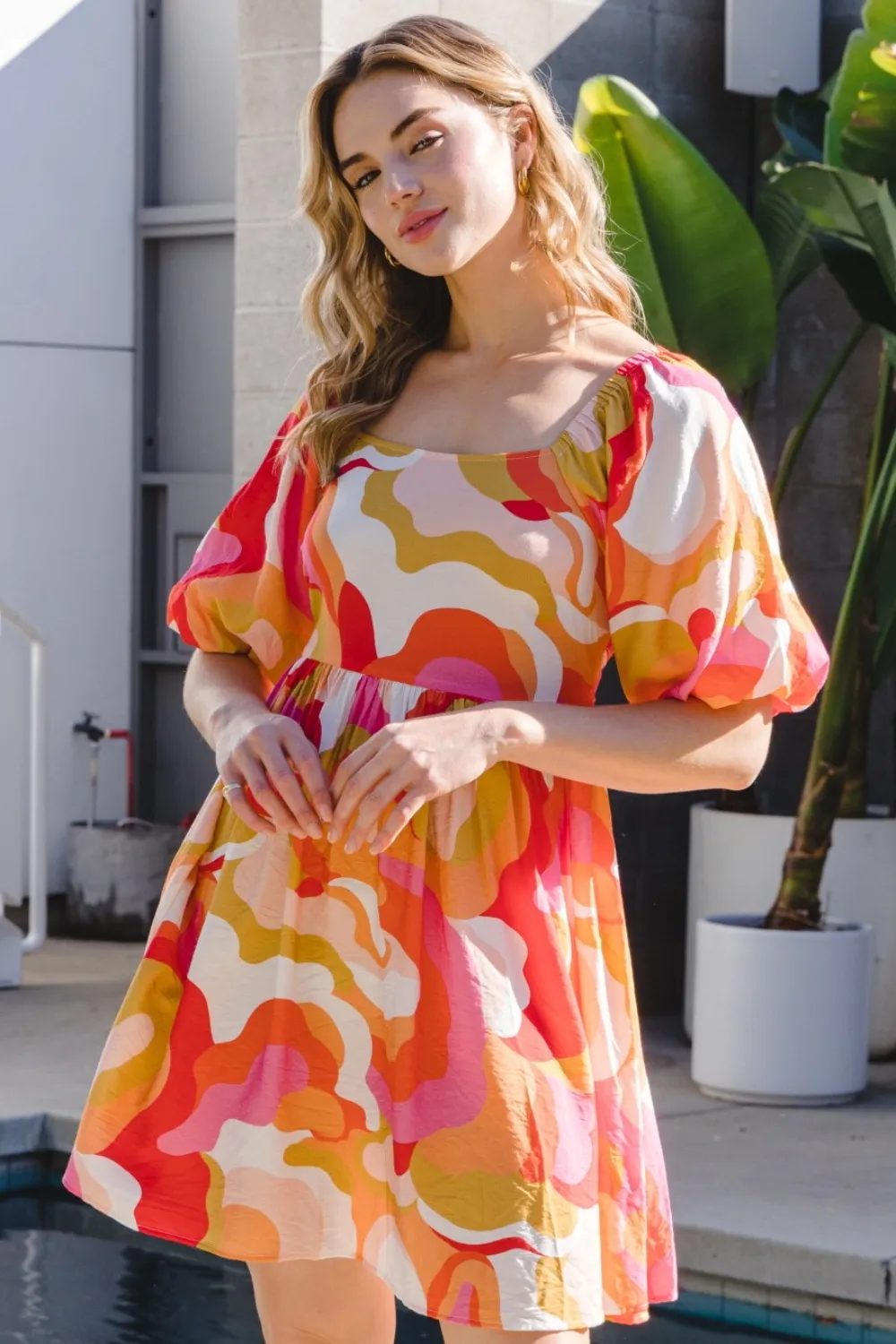 Full Size Printed Tied Back Short Sleeve Mini Dress, image 6