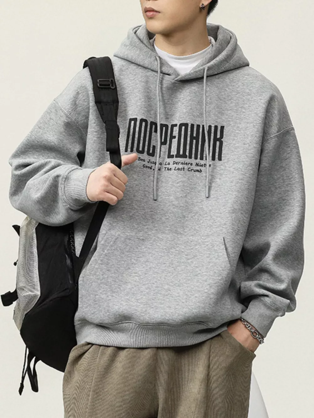 Men's Plus Size Drawstring Letter Dropped Shoulder Hoodie, image 2