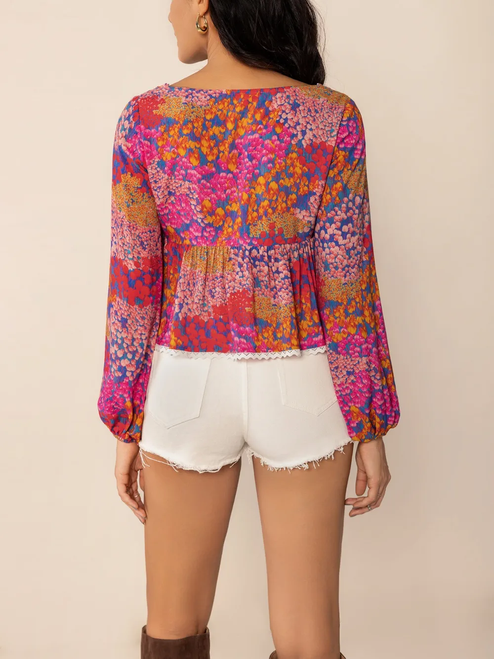 Lace Detail Printed Balloon Sleeve Top, image 5