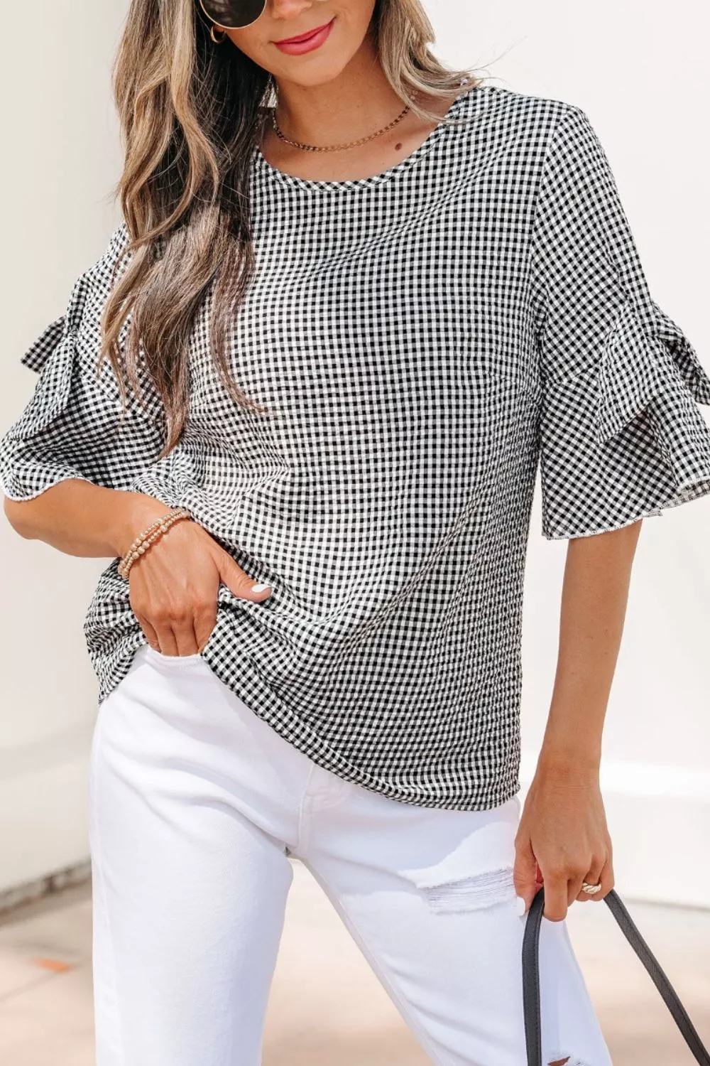 Gingham Bow Half Sleeve Blouse, image 6