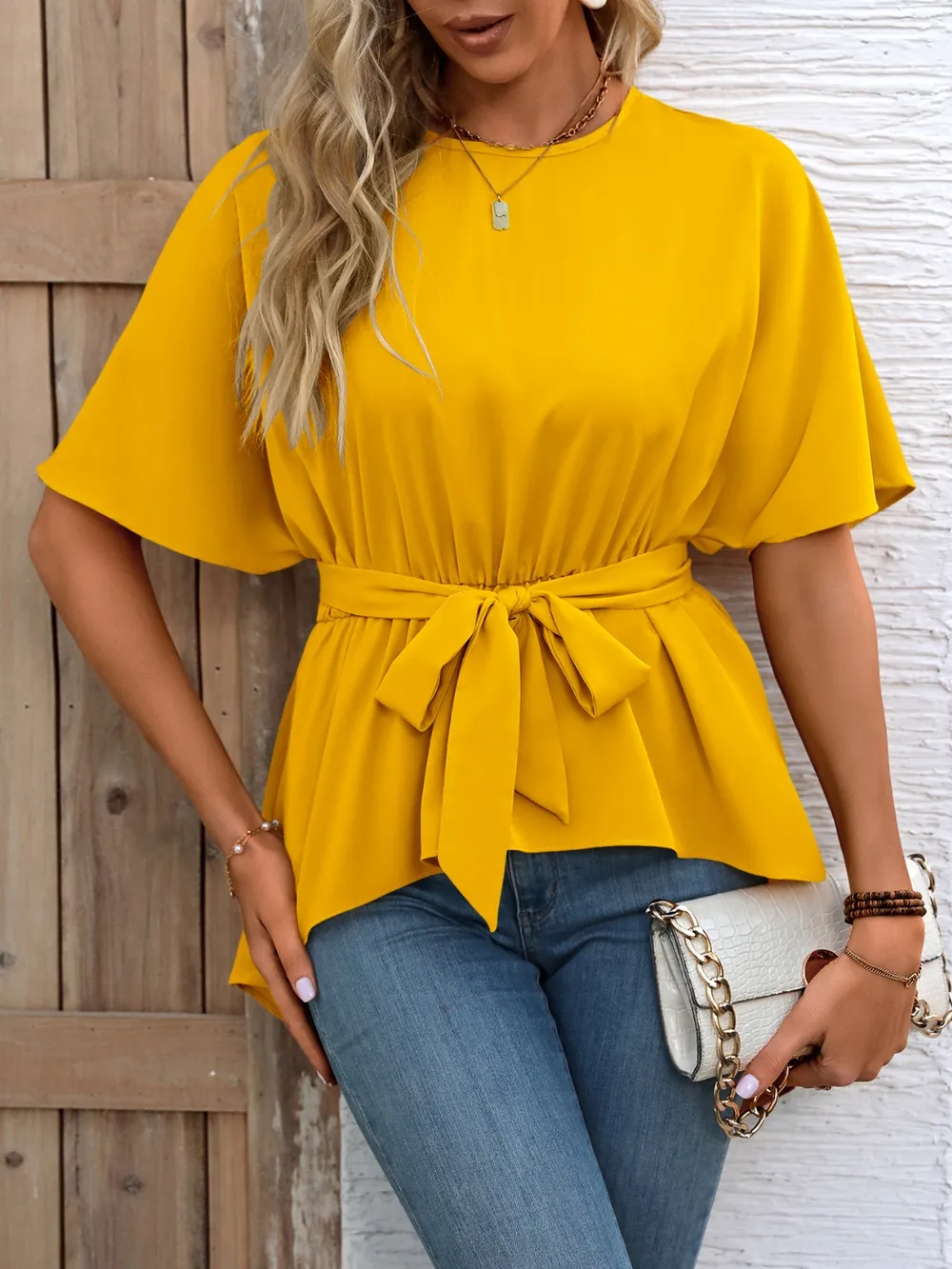 Tied Round Neck Half Sleeve Blouse, image 9