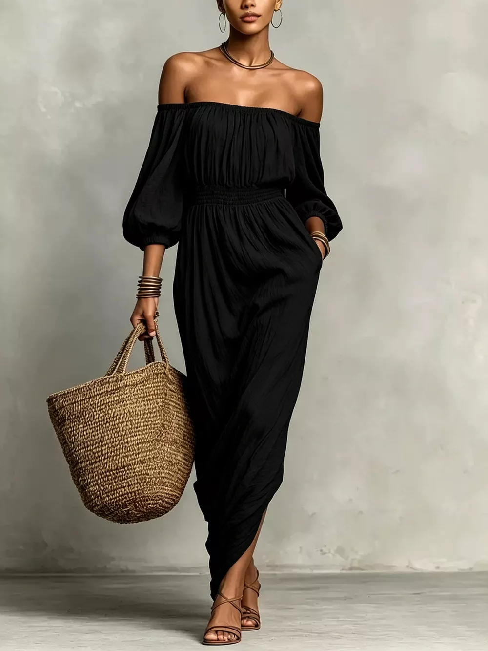t Off-Shoulder Smocked Waist Maxi Dress, image 4