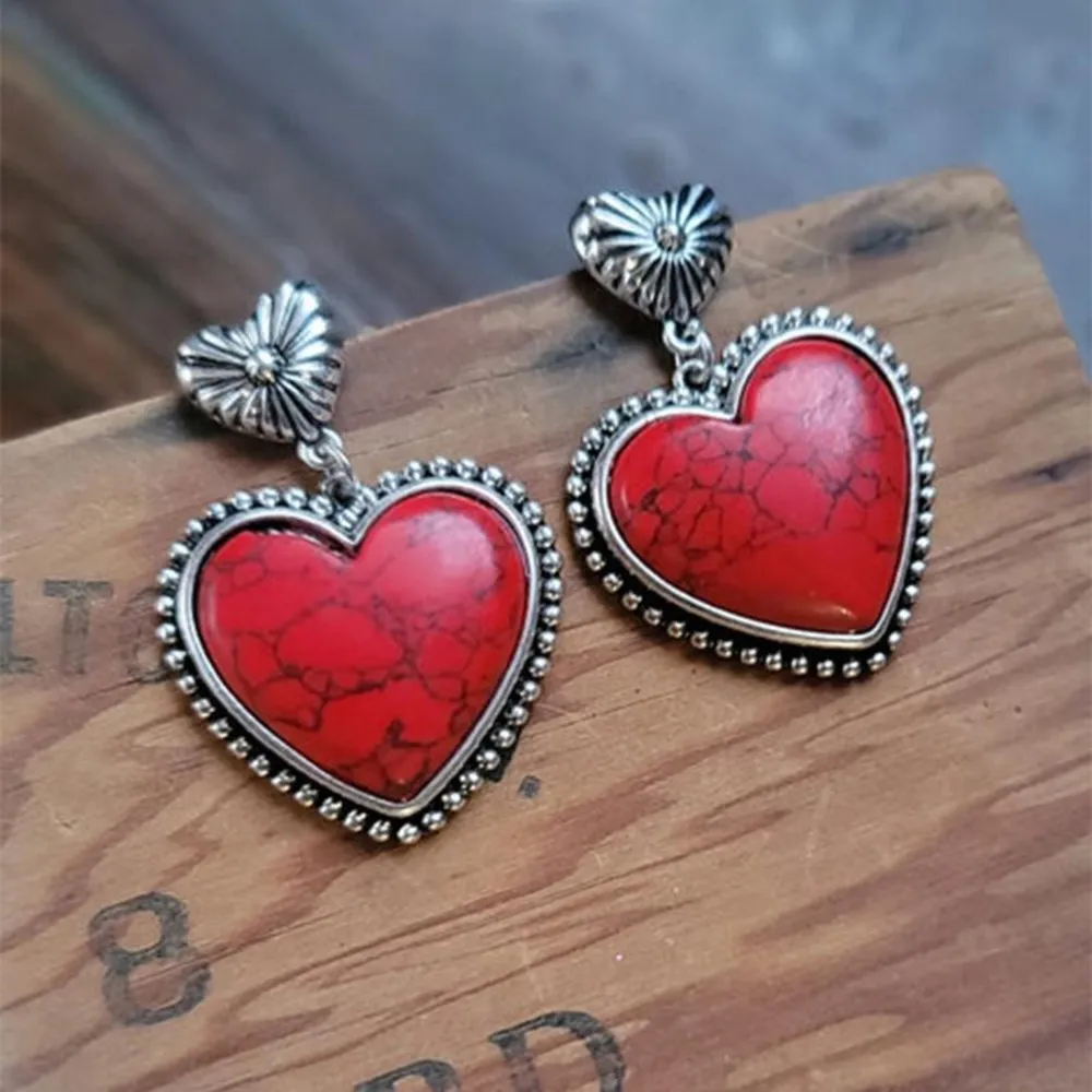 Artificial Turquoise Alloy Heart Dangle Earrings, image 4