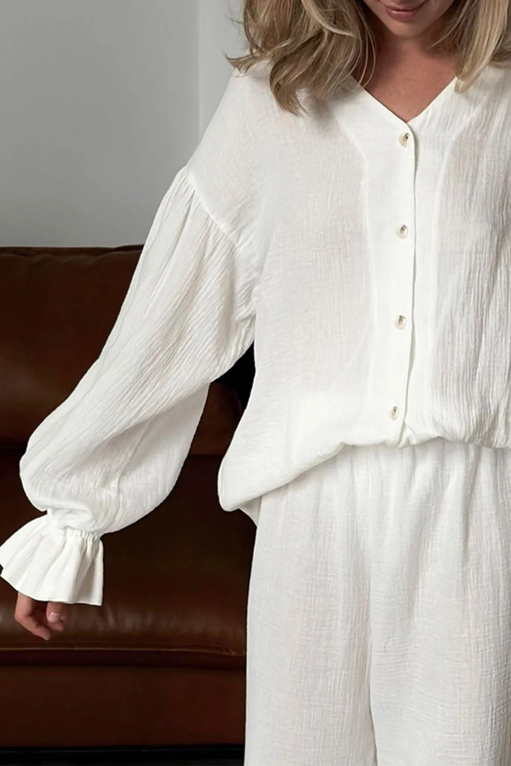 Breathable Ruffled V-Neck Long Sleeve Top and Pants Set, image 3