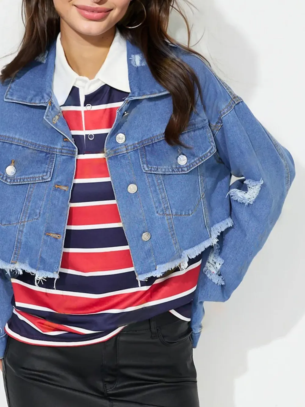 Raw Hem Collared Neck Cropped Denim Top, image 4