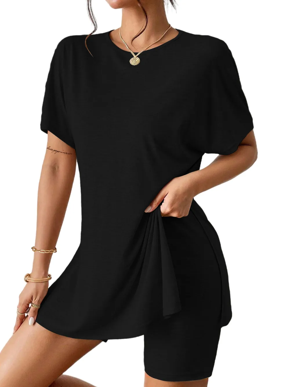 Slit Round Neck Short Sleeve Oversized Top and Shorts Set, image 9