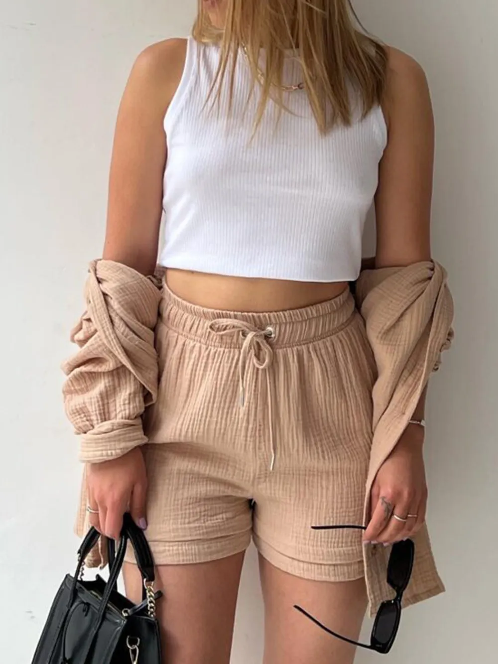 Texture Button Up Shirt and Drawstring Shorts Set, image 30