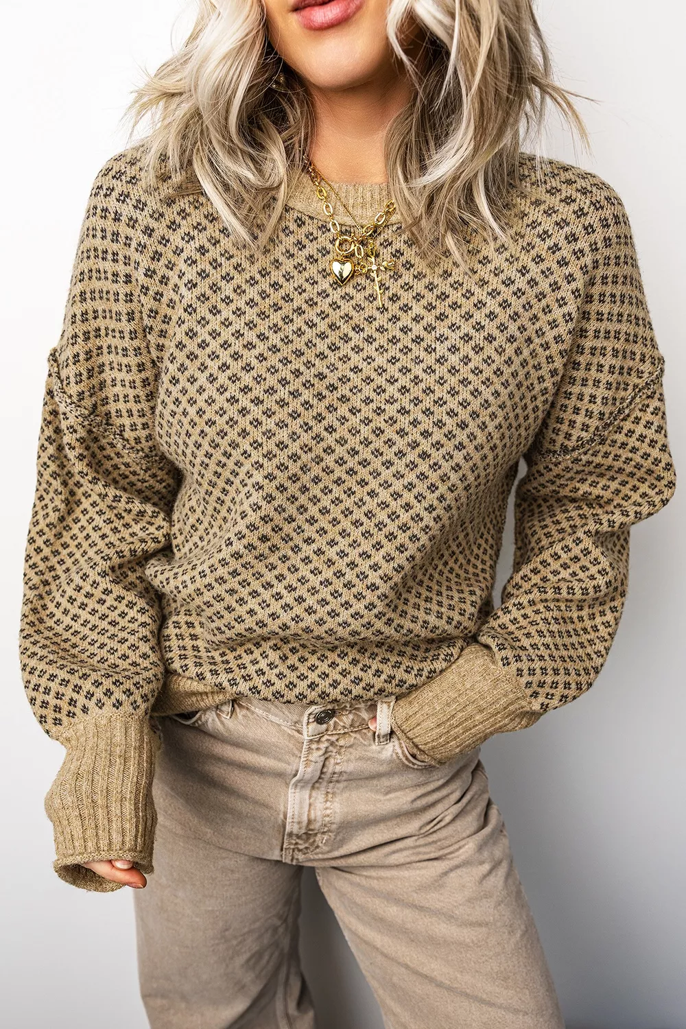 Geometric Print Drop Shoulder Round Neck Long Sleeve Sweater, image 5