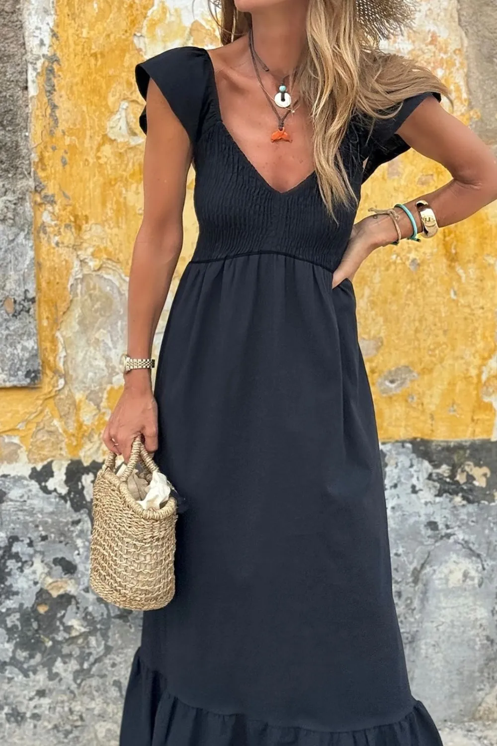 V Neck Ruffled Cap Sleeve Smocked Maxi Dress, image 11