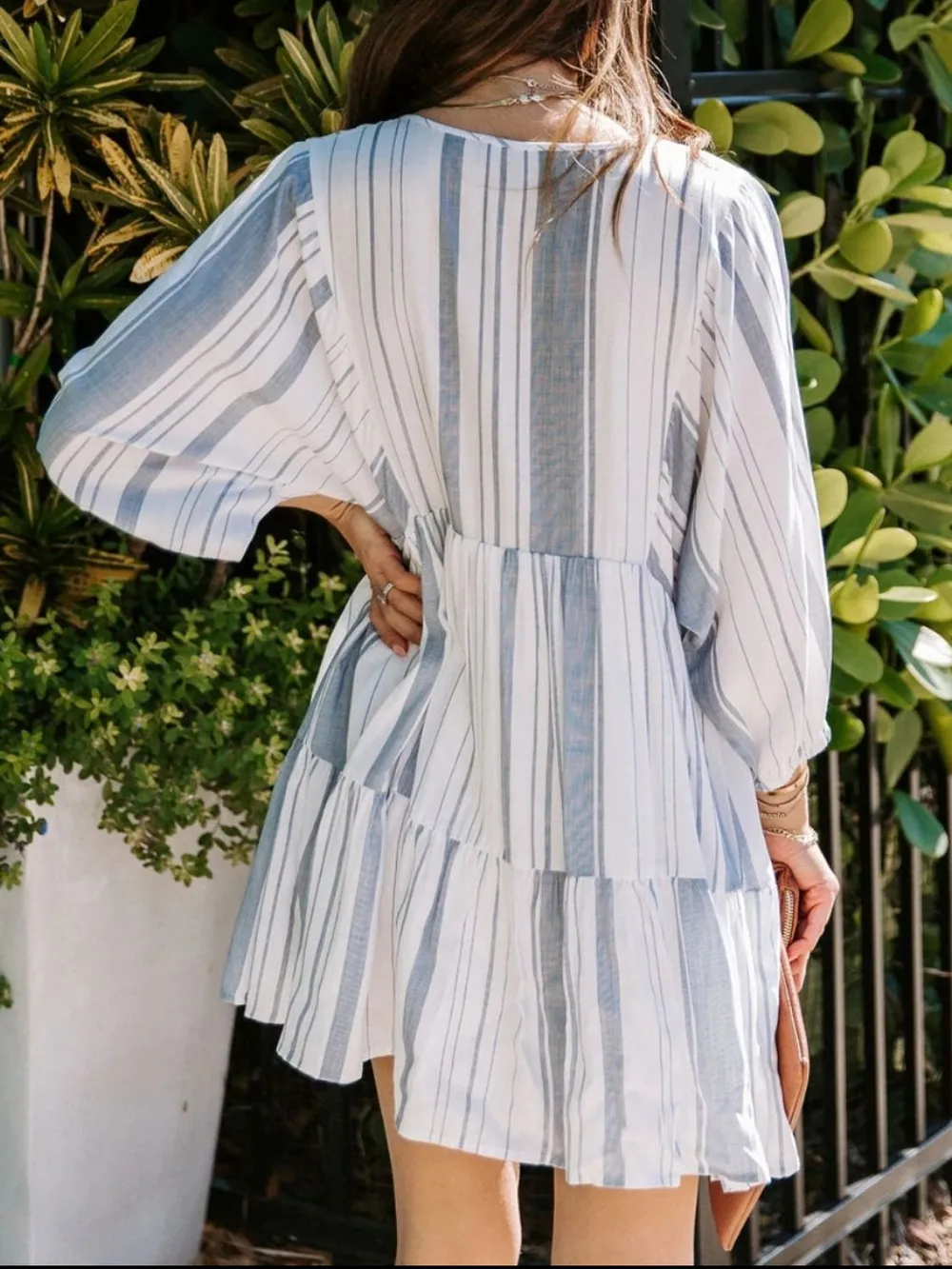 Tassel Striped Tie Neck Batwing Sleeve Dress, image 2