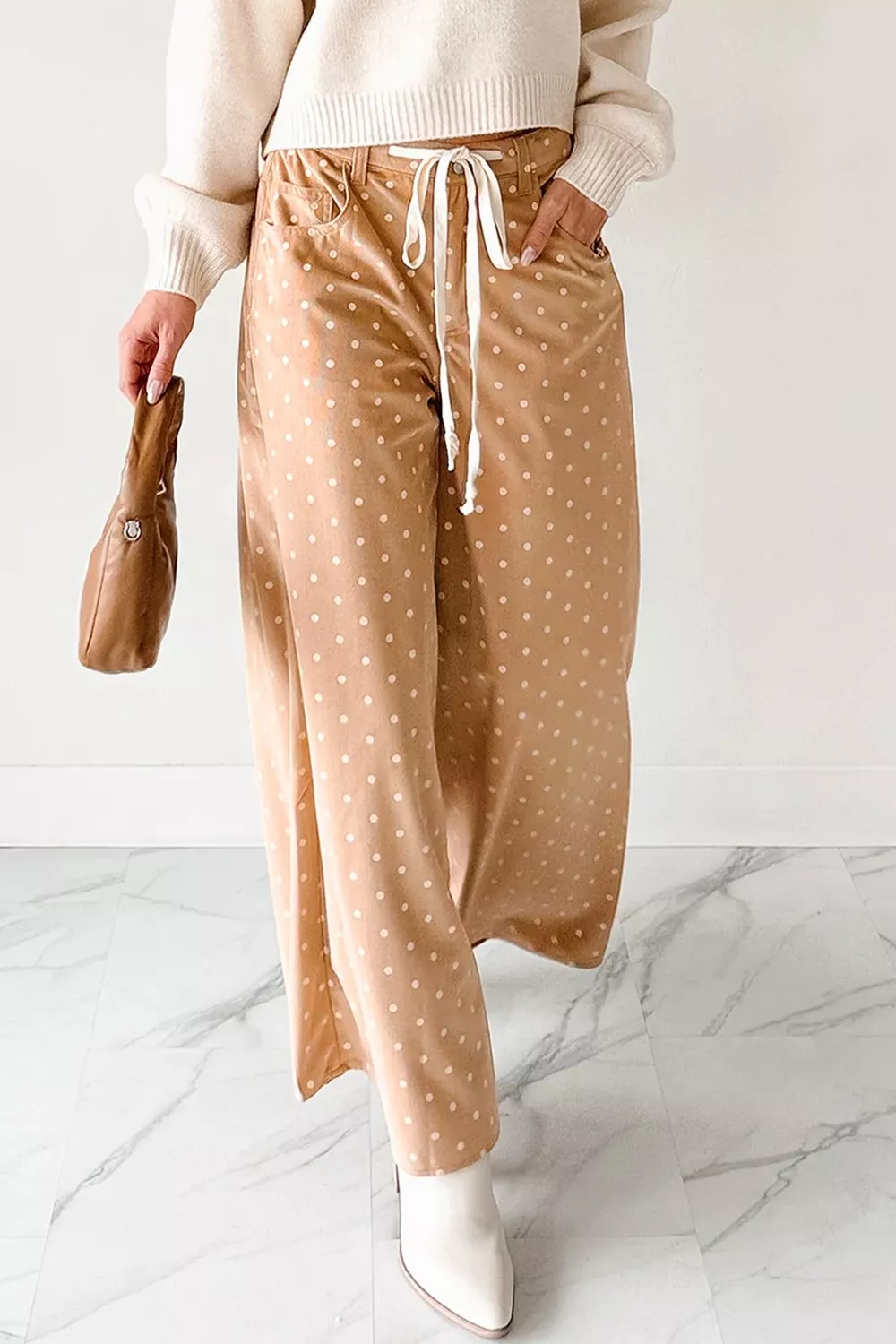 Polka Dot Print Drawstring Wide Leg Pants, image 2