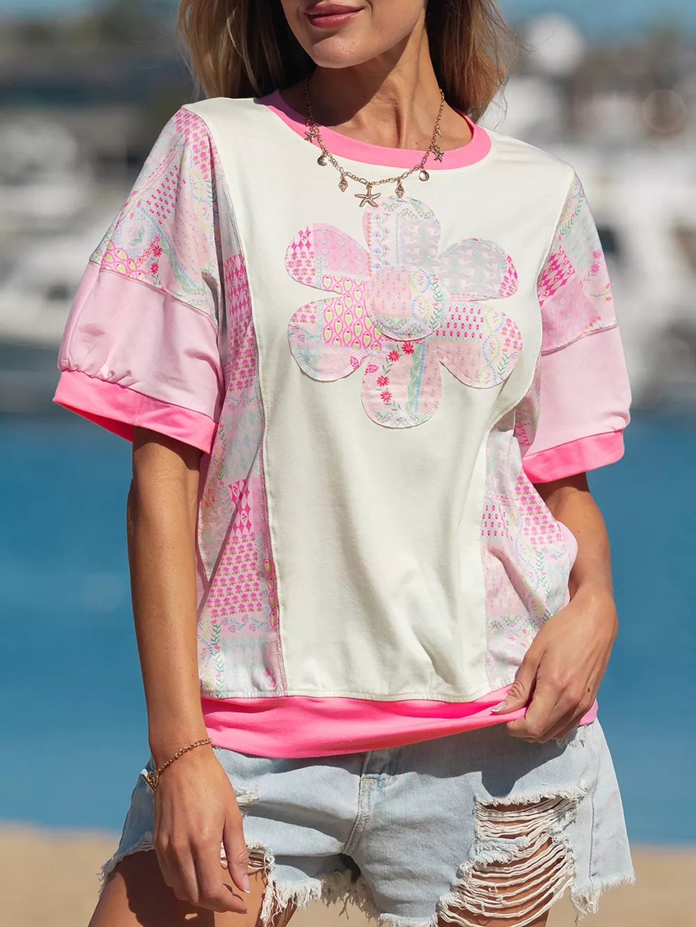 Color Block Floral Patchwork Big Flower Accent Relaxed Top, image 10