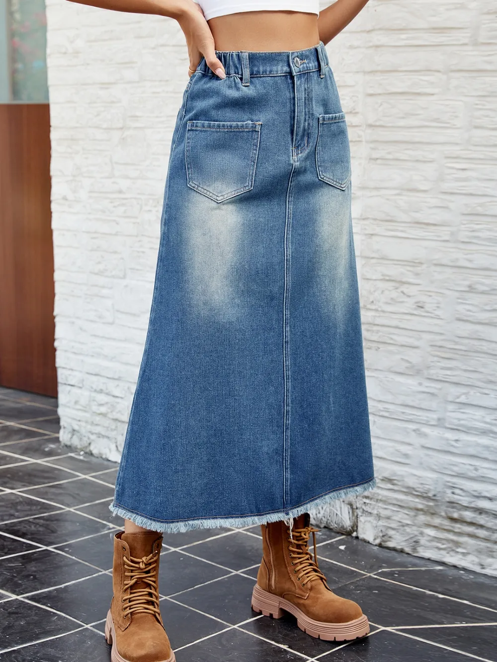 Raw Hem Buttoned Denim Skirt with Pockets, image 6