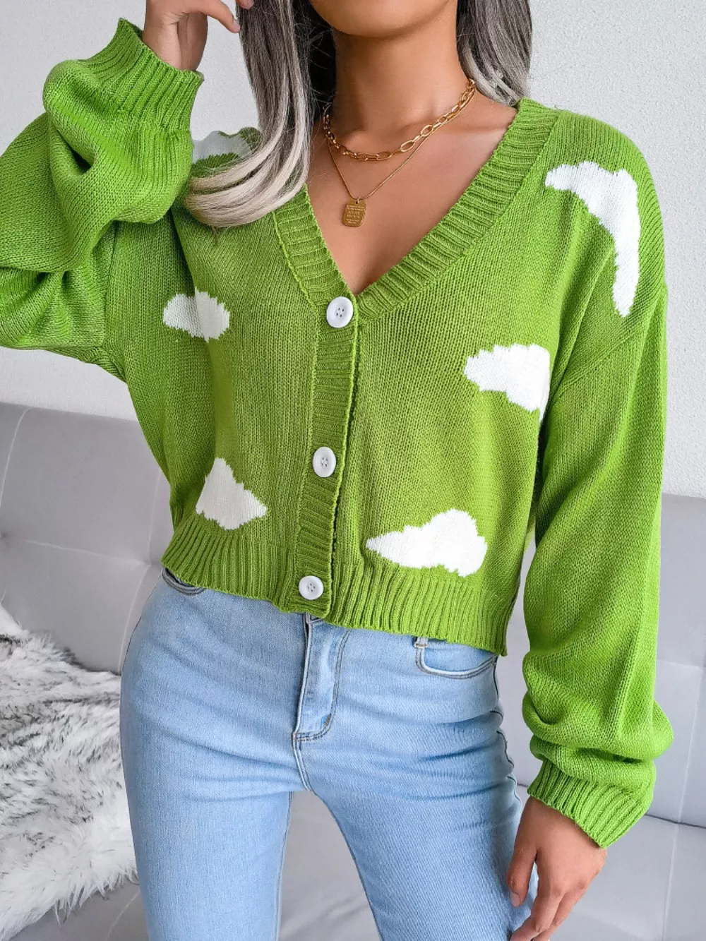 Cloud Pattern Button-Up Cropped Cardigan, image 5