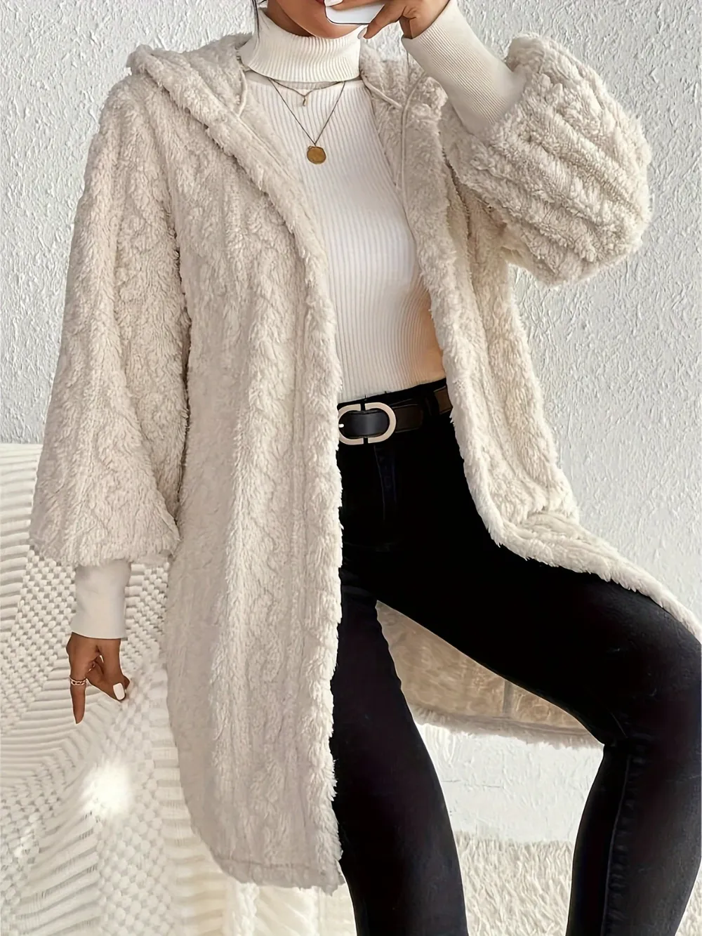 Open Front Long Sleeve Fuzzy Hooded Jacket, image 4