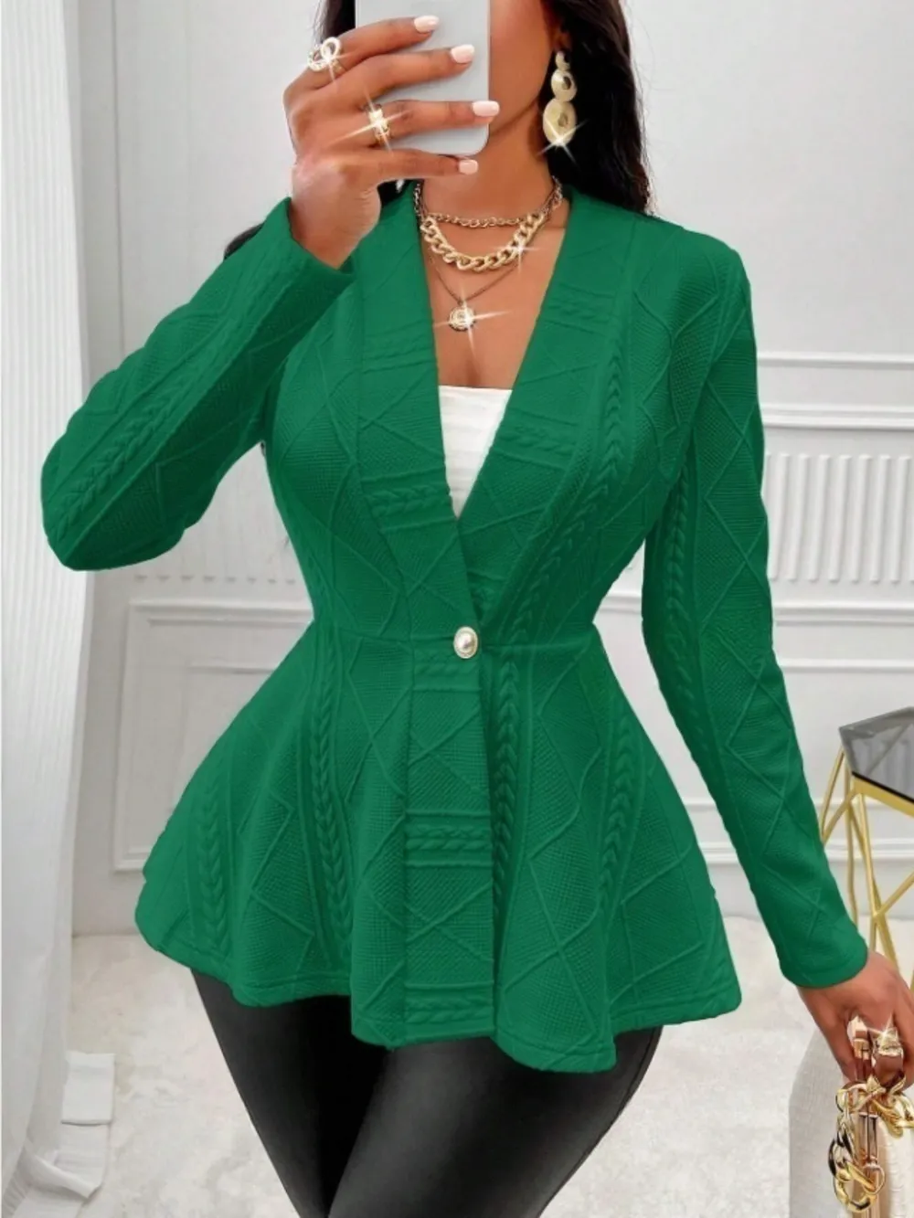 One Button Textured Peplum Cardigan, image 33