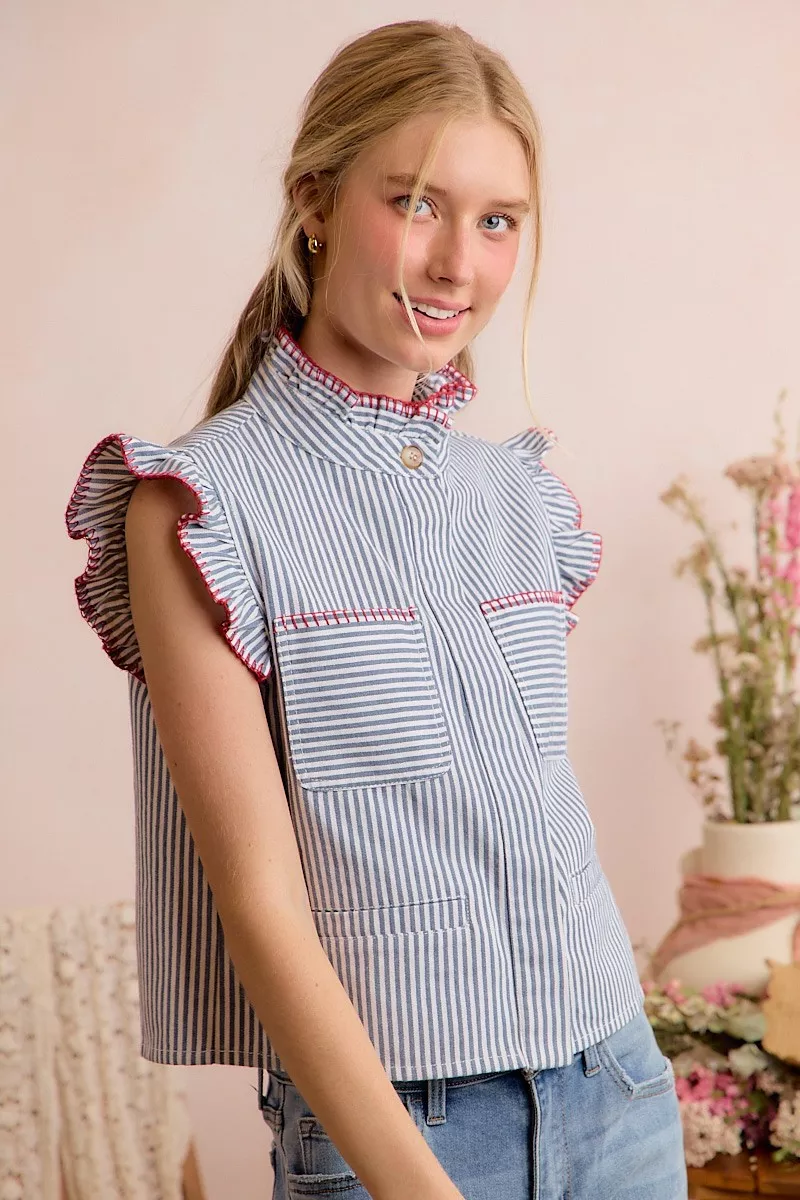Stripe Twill Stitch Ruffled Hidden Button Vest Top, image 19
