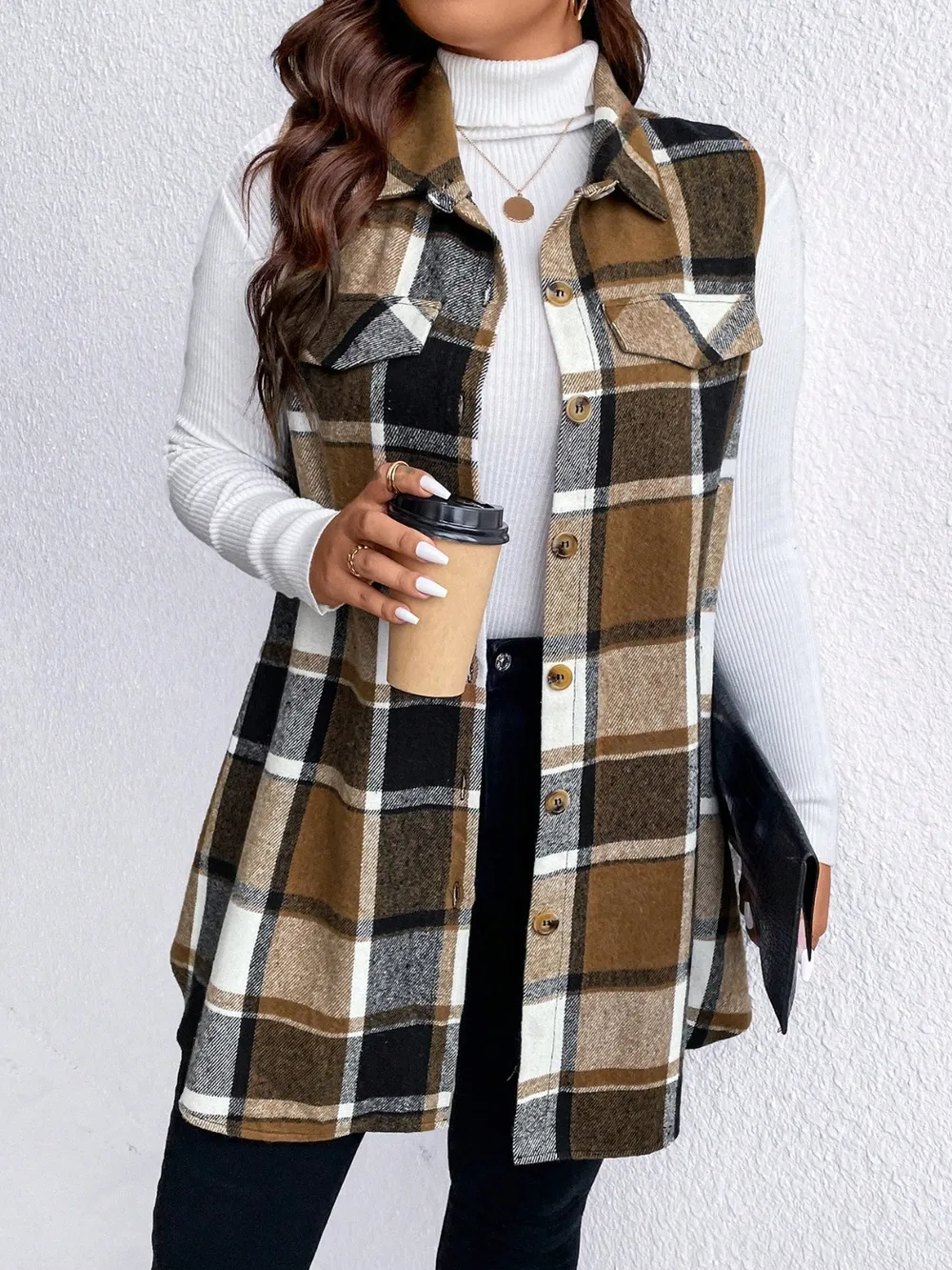 Plus Size Pocketed Plaid Button Up Vest Coat, image 20