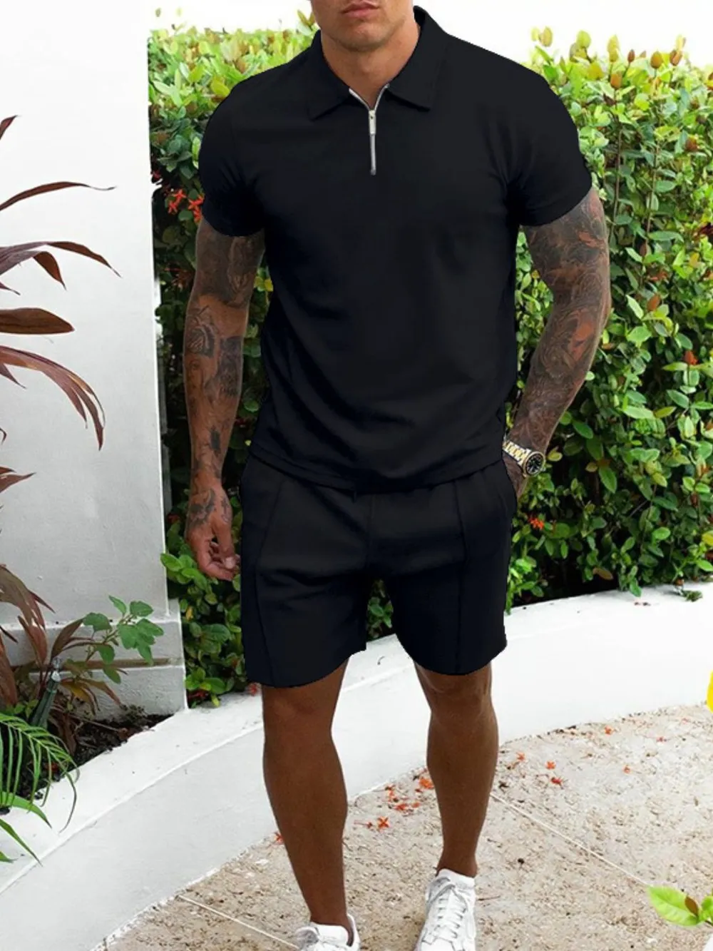 Men's Full Size Collared Neck Short Sleeve Top and Shorts Set Plus Size