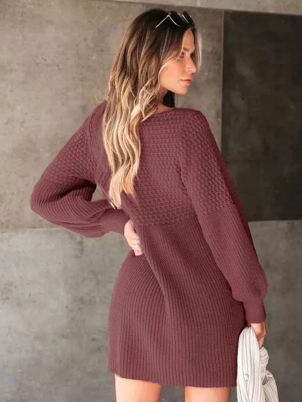 V-Neck Long Sleeve Sweater Dress, image 6