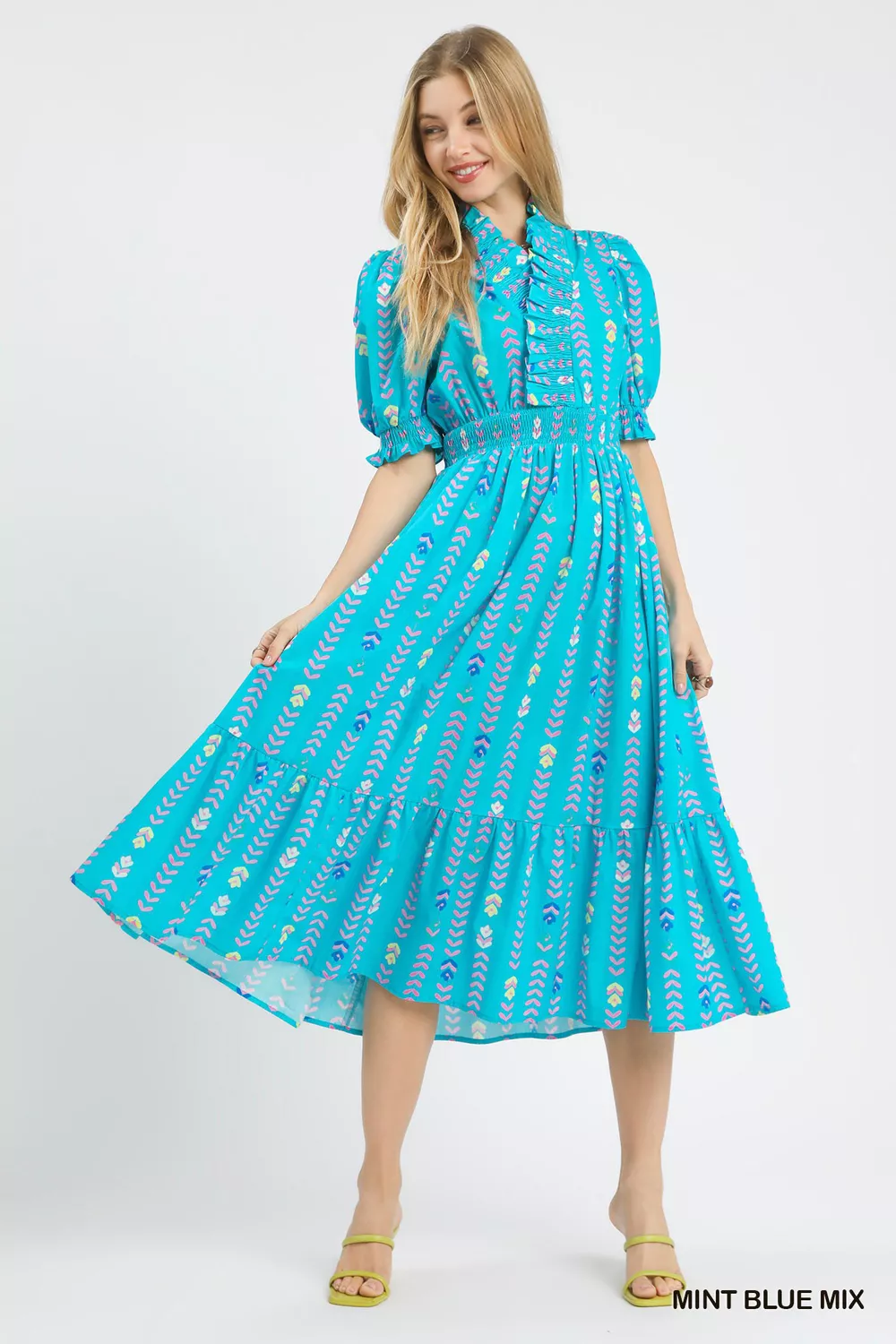 Vibrant Ruffle Smocked Midi Dress