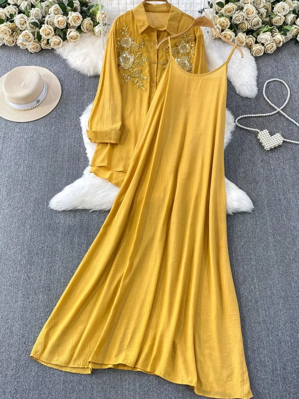 Sequin Flower Button Up Shirt and Cami Dress Set, image 13