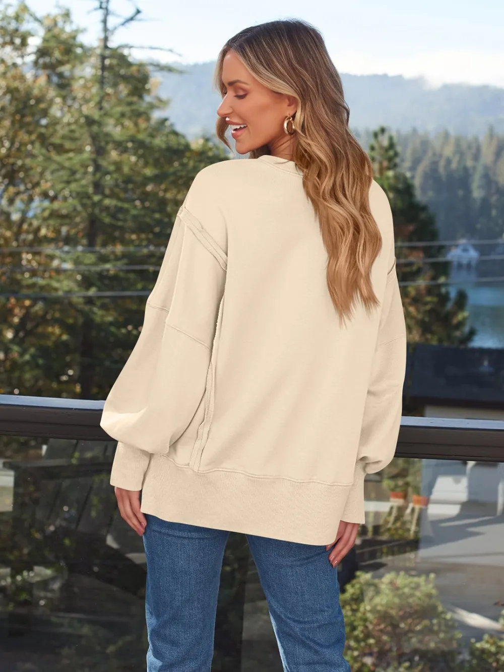 Slit Round Neck Long Sleeve Sweatshirt, image 13