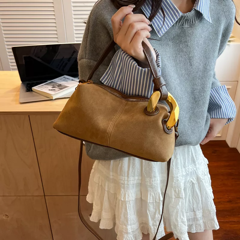 Suede Crossbody Bag with Gold Hardware, image 7