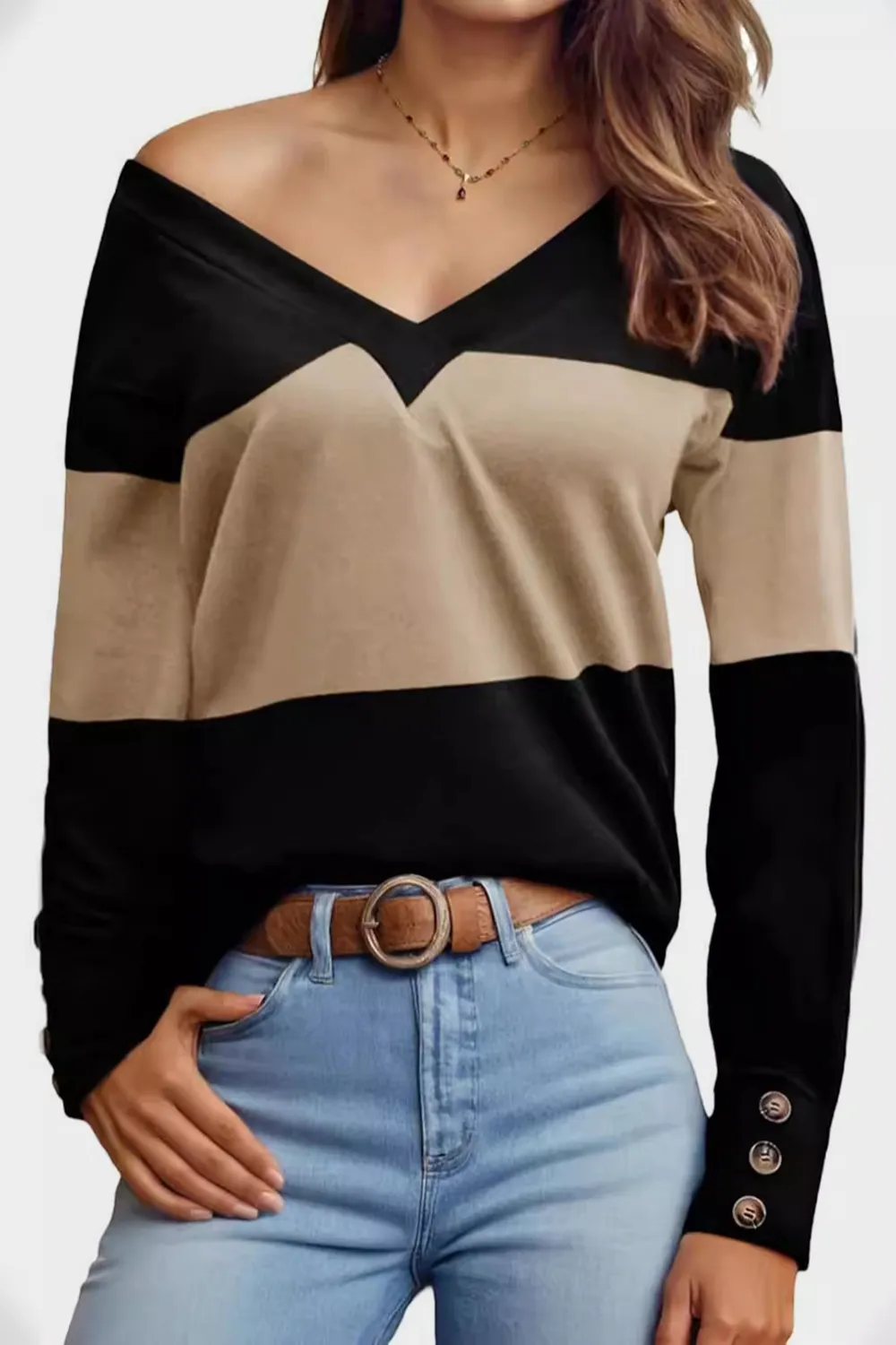 Decorative Button Contrast V-Neck Long Sleeve T-Shirt, image 15