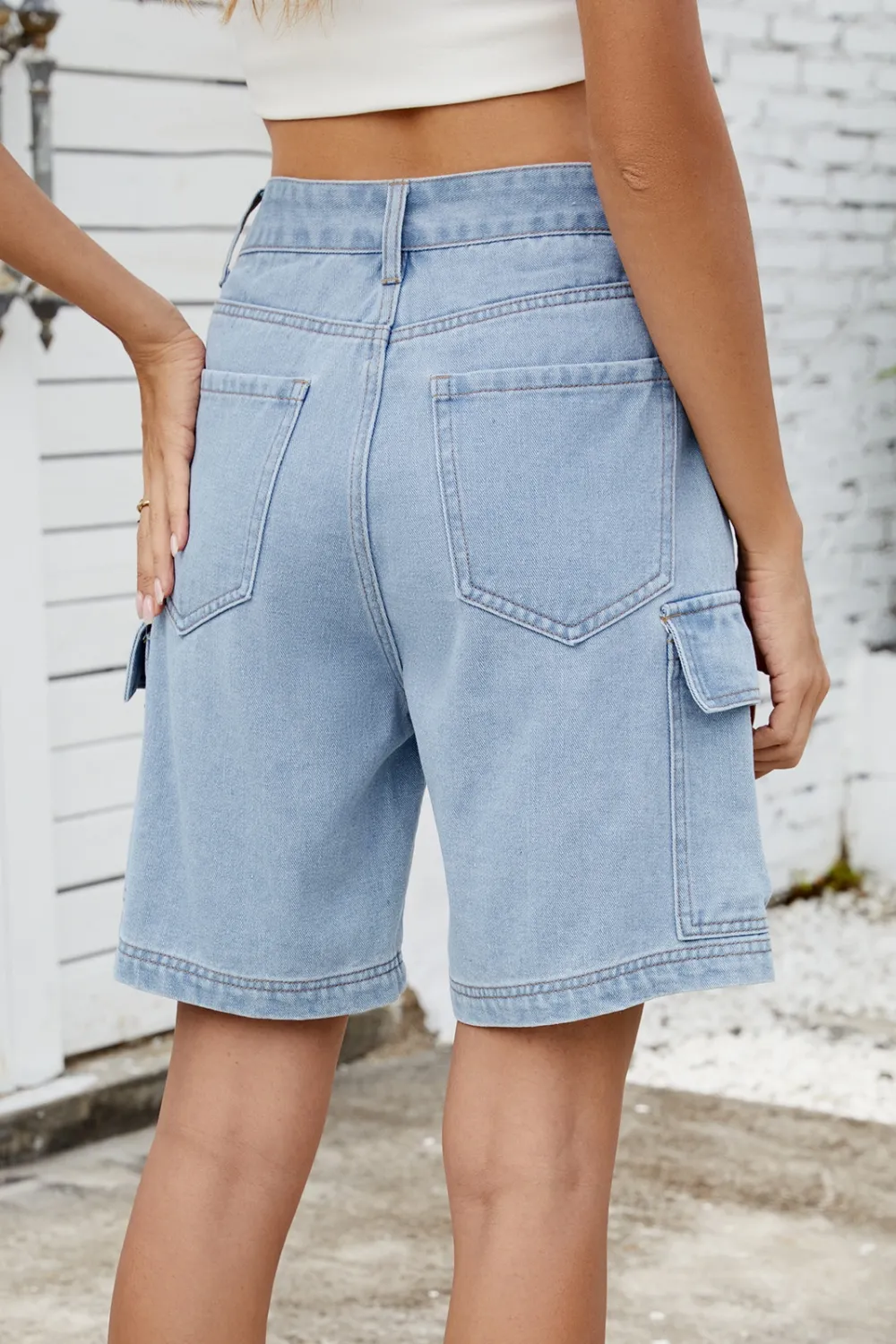 High Rise Denim Shorts with Cargo Pockets, image 16